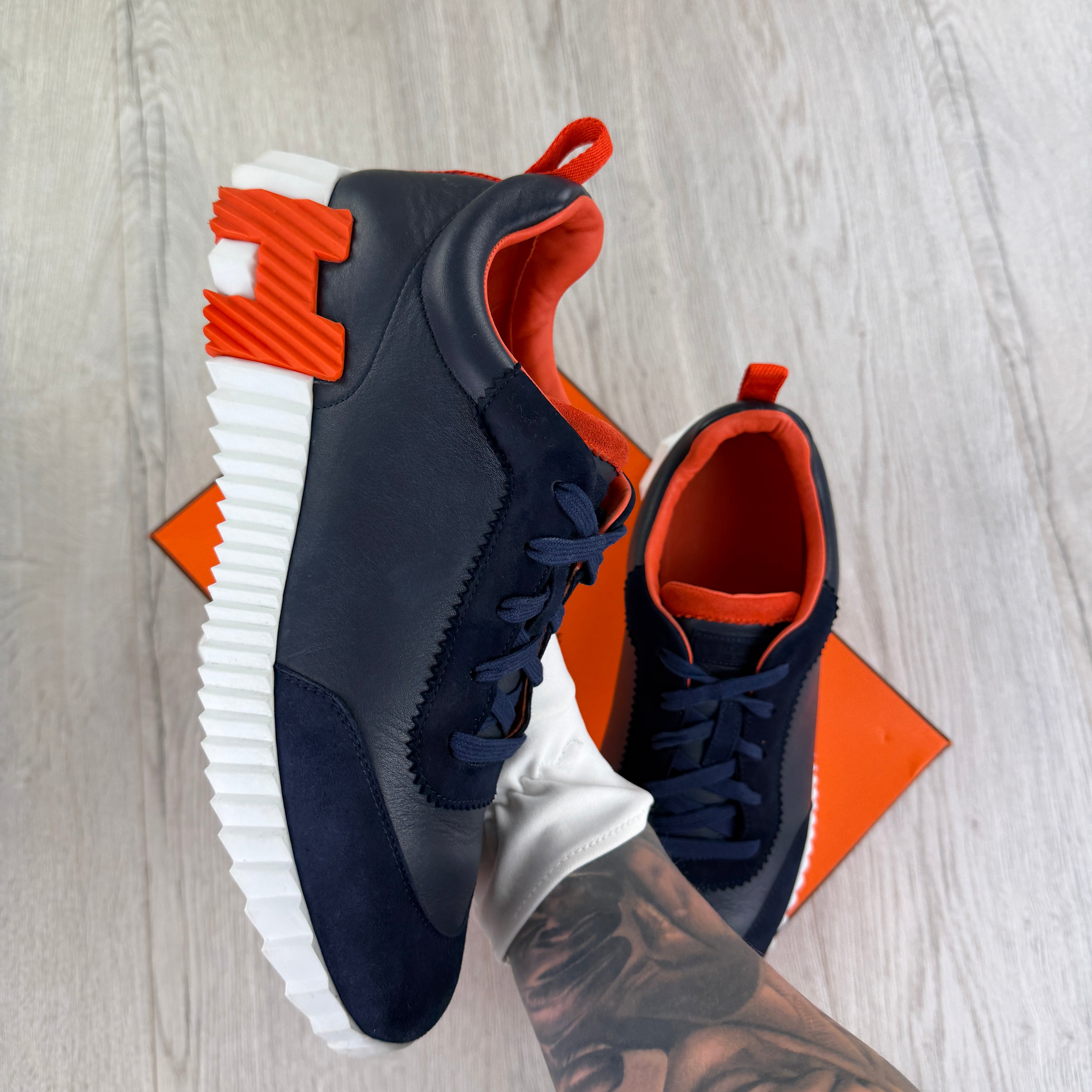 Hermes Men’s Navy & Orange Bouncing Sneakers - 42.5 (Fit Uk 8.5)
