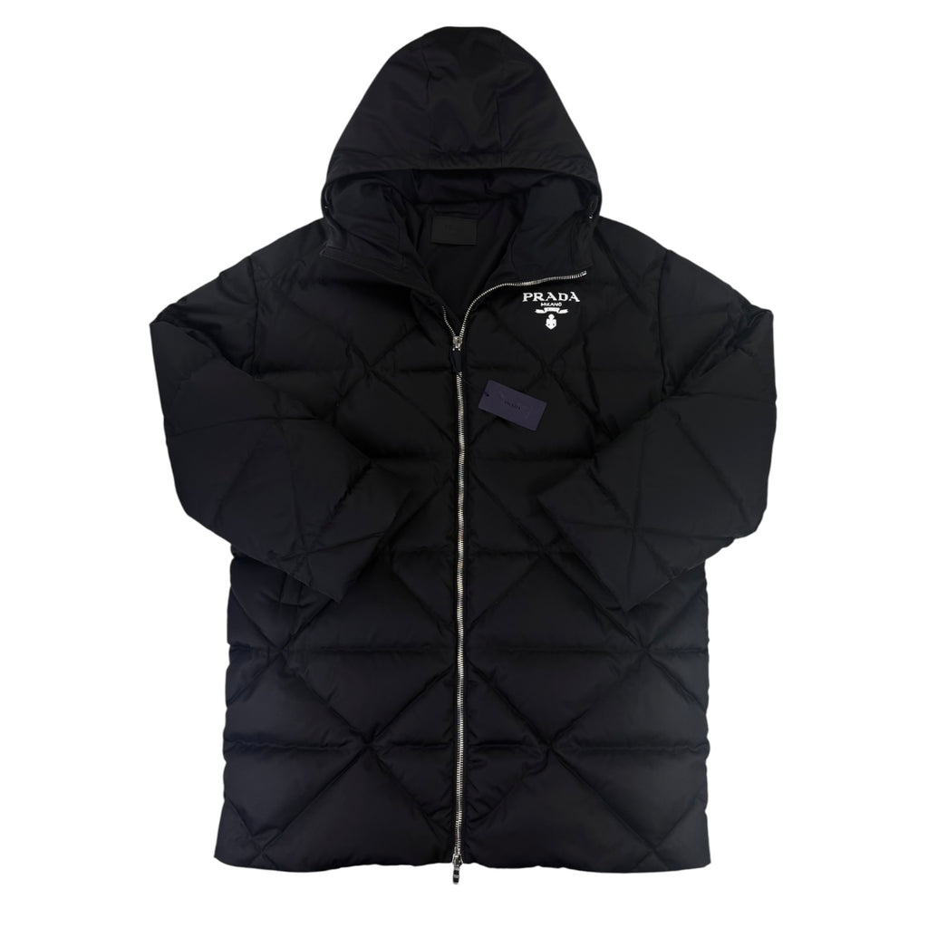 Prada Men’s Black Re-Nylon Triangle Padded Long Down Jacket White Logo - 50 (Fit XL)