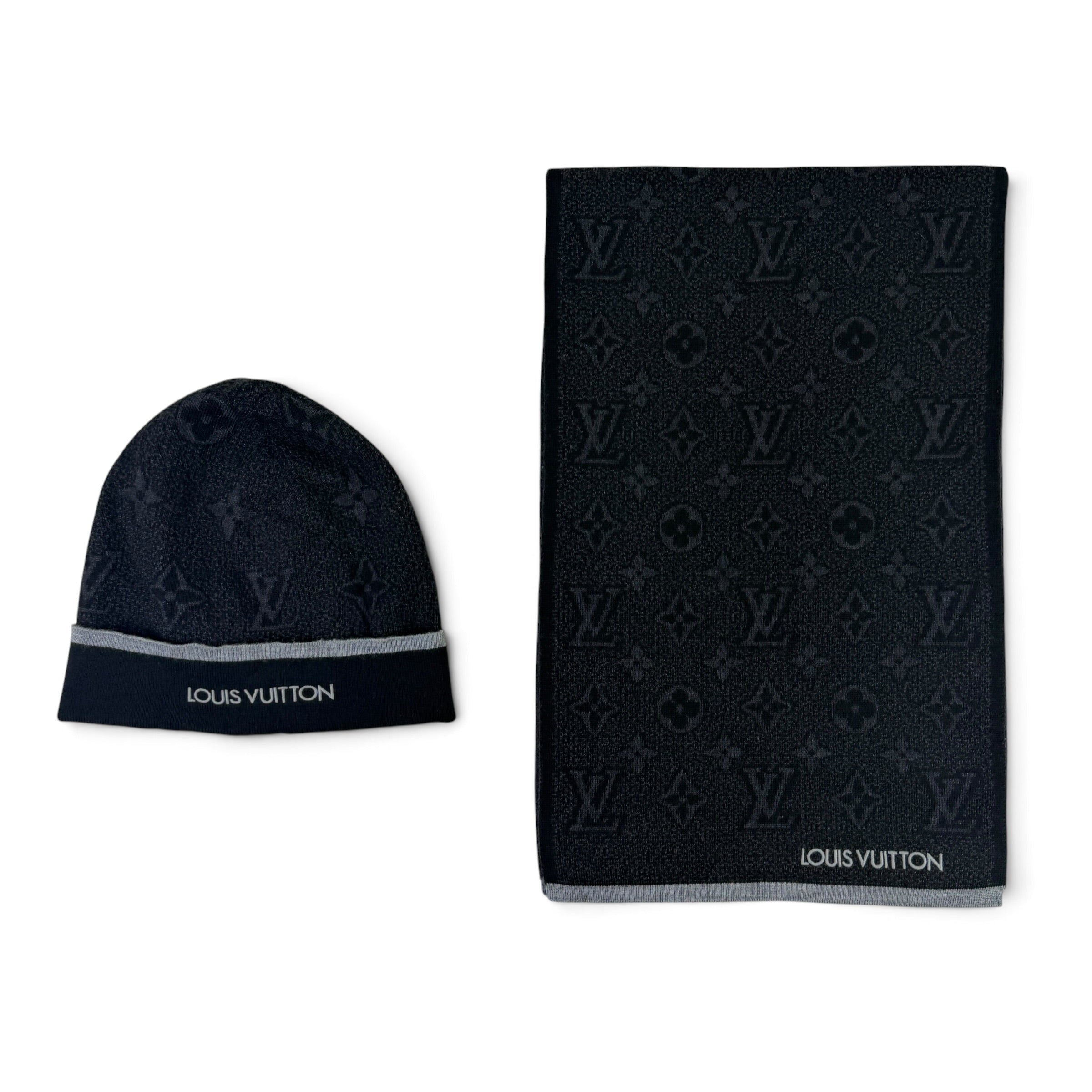 Louis Vuitton Men’s Black Monogram Beanie & Scarf Set