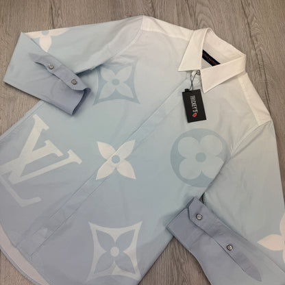 Louis Vuitton Baby Blue Monogram Printed Long-Sleeved Cotton Poplin Shirt - Medium