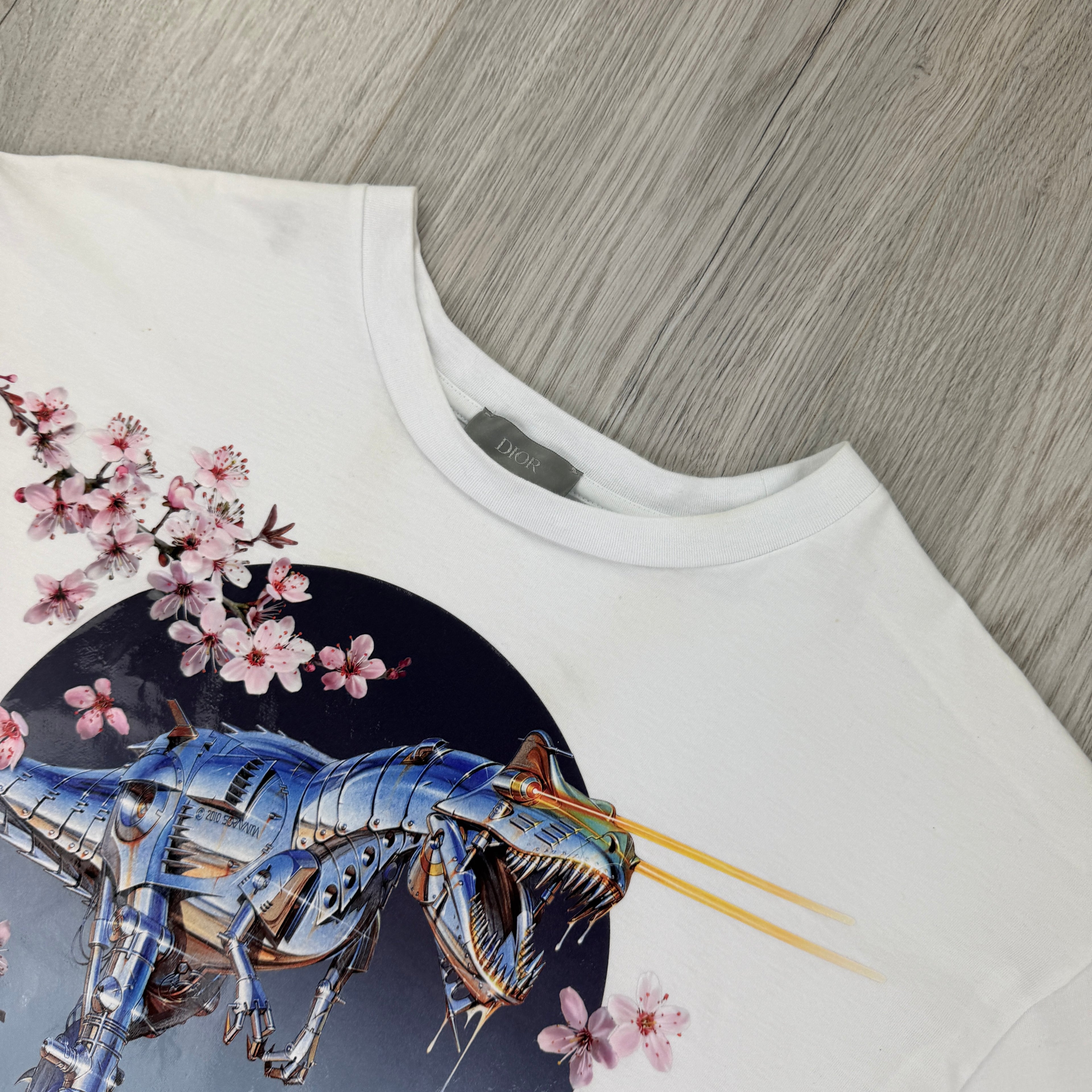 Dior X Sorayama Men’s White Dinosaur Printed T-shirt - Small