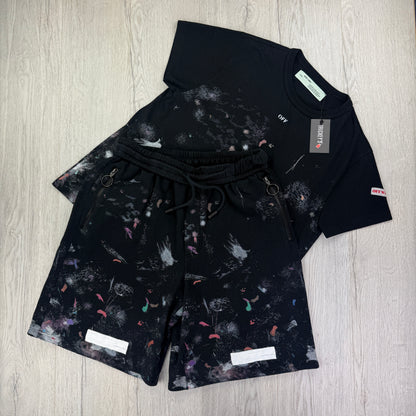 Off White Men’s Black Distressed / Paint Splatter T-shirt & Shorts Set - L/XL