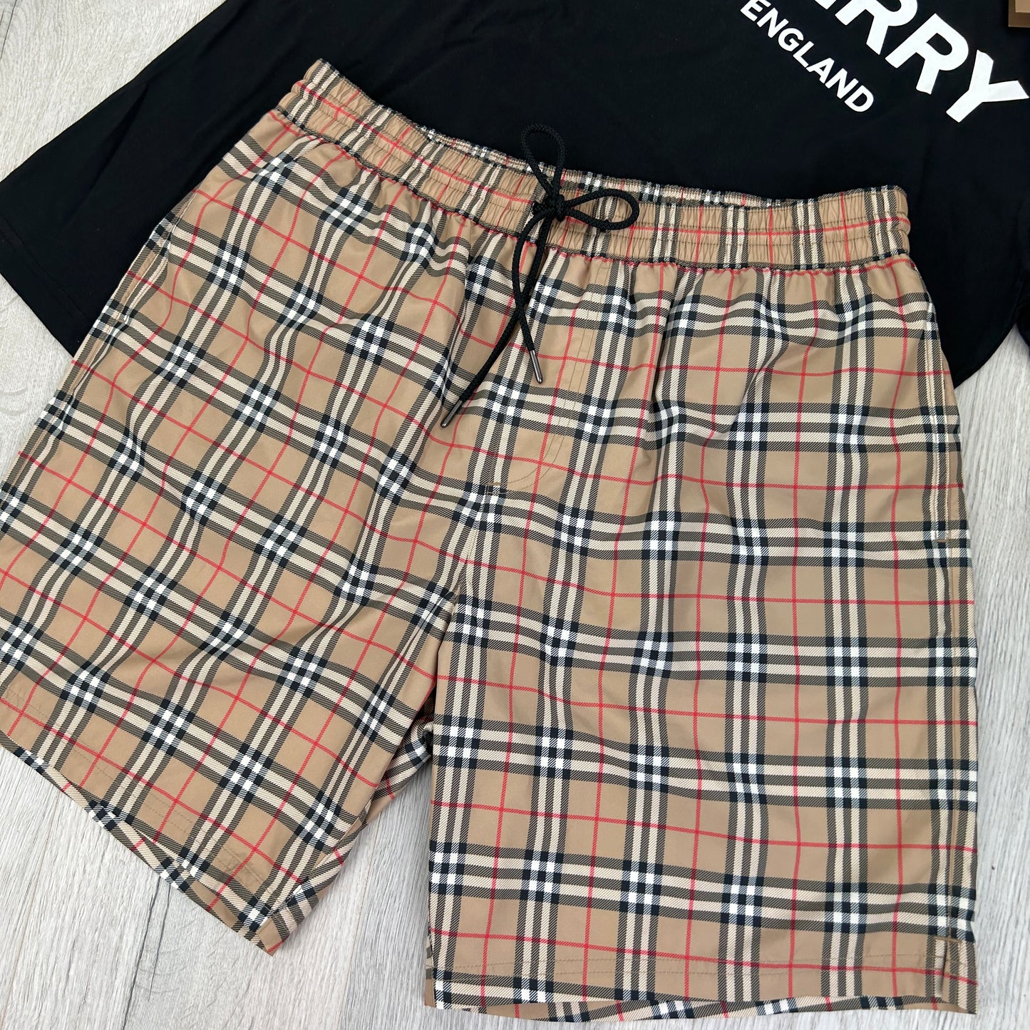 Burberry Men’s Black T-shirt & Beige Small Check Swim Short Set
