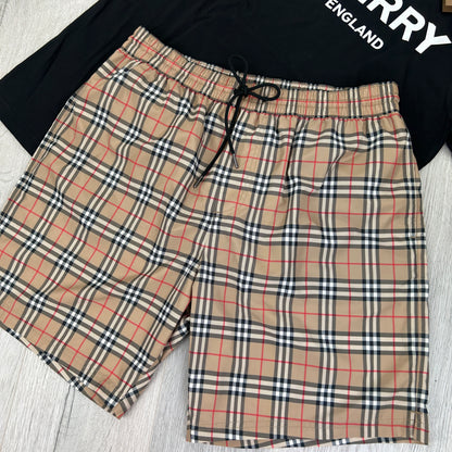 Burberry Men’s Black T-shirt & Beige Small Check Swim Short Set