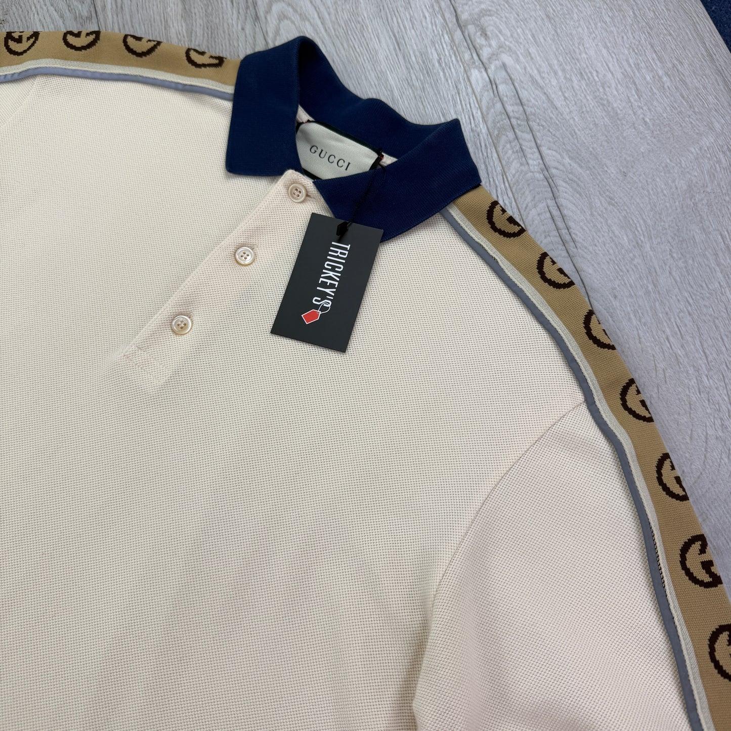 Gucci Men’s Beige Polo With Interlocking G Stripe - Large
