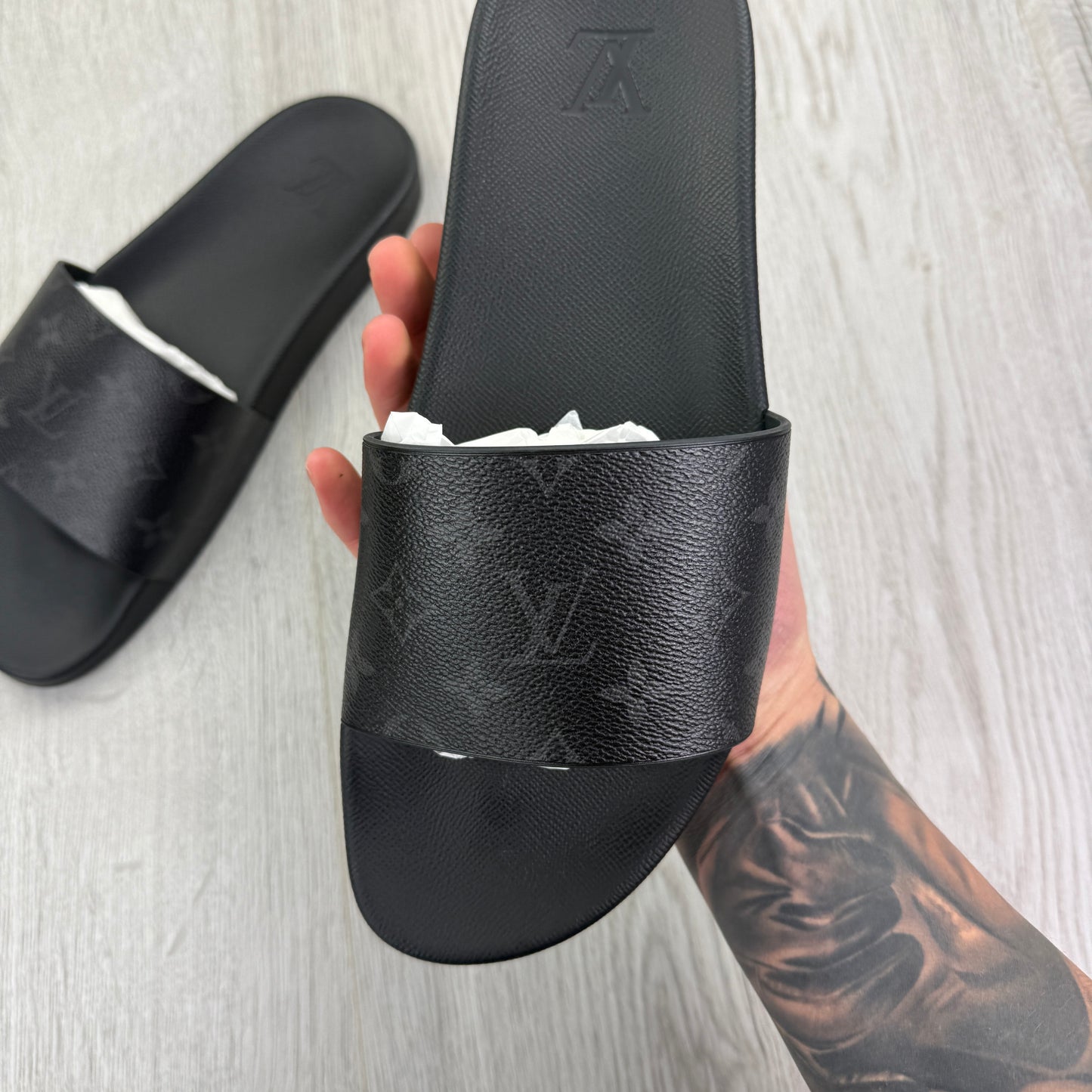 Louis Vuitton Men’s Black Leather Sliders - Uk 9