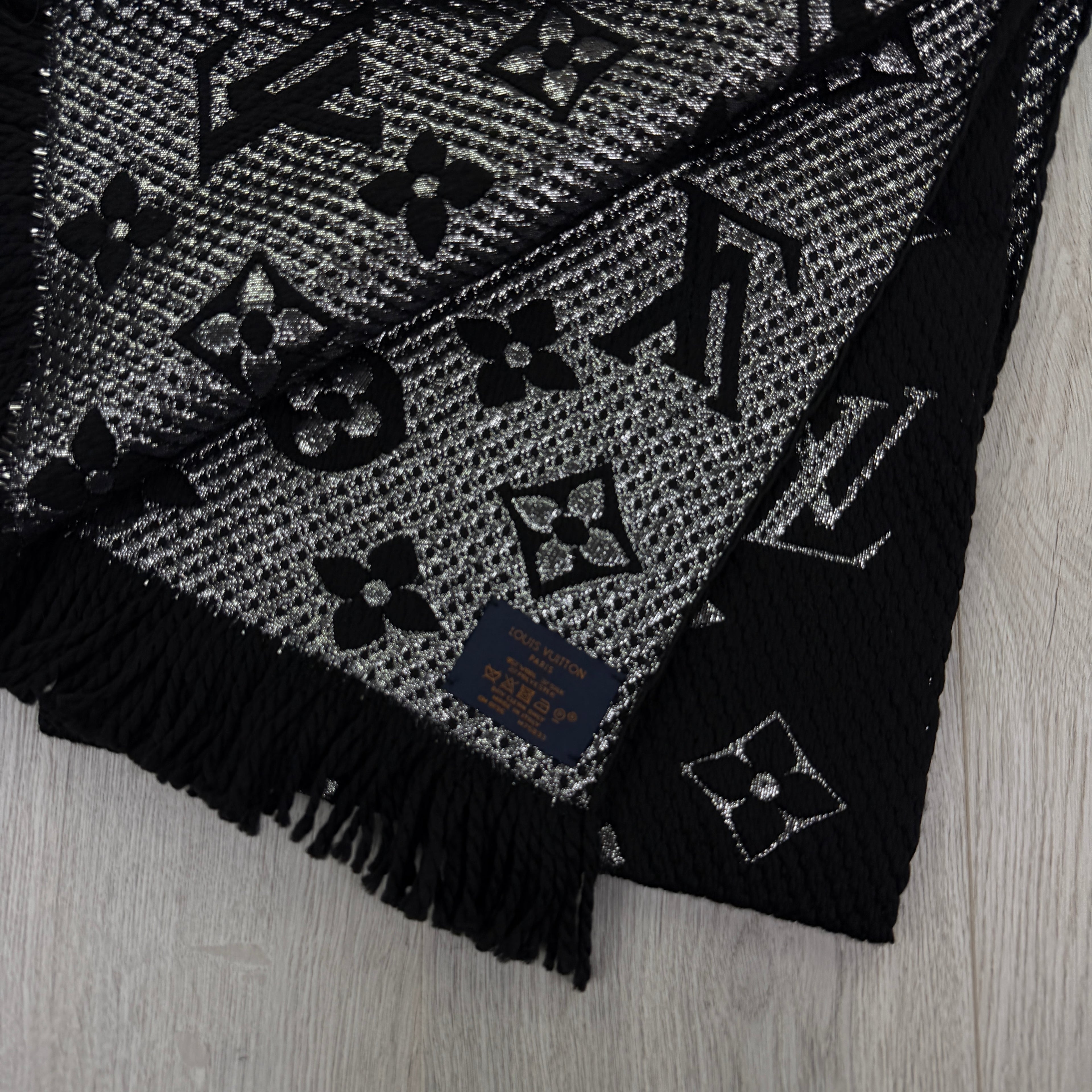 Louis Vuitton Black / Silver Wool & Silk Monogram Scarf