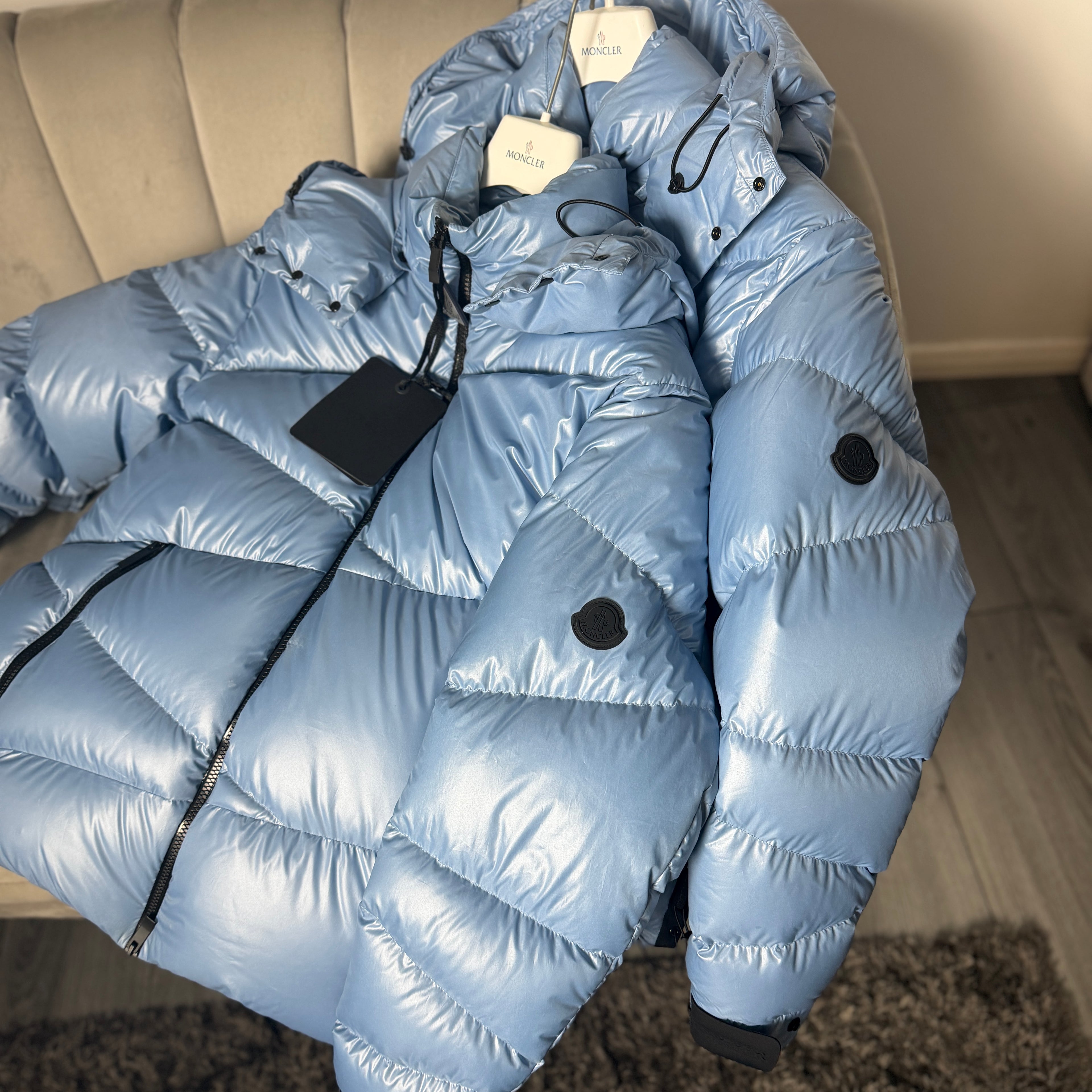 Moncler Men’s Yonne Baby Blue Black Badge Zip-up Down Jacket