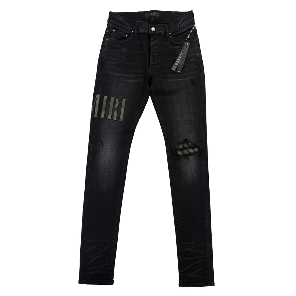 Amiri MX1 Men’s Black Distressed Core Camouflage Applique Jeans
