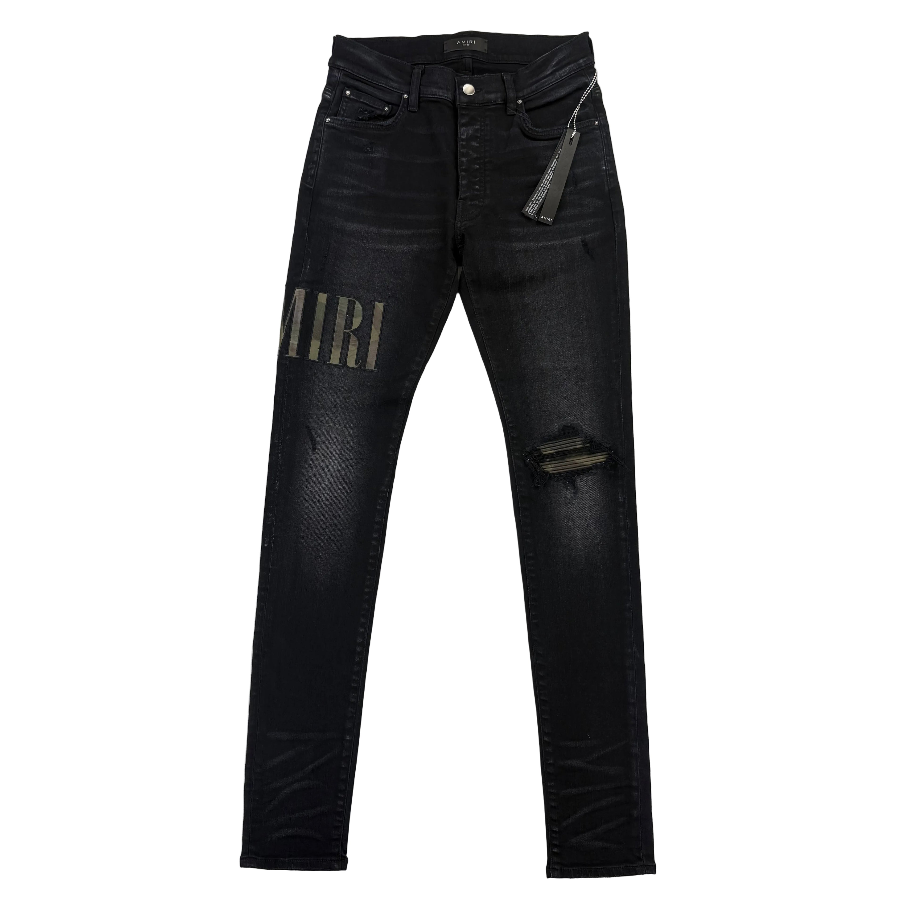 Amiri MX1 Men’s Black Distressed Core Camouflage Applique Jeans