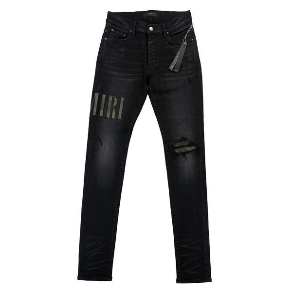 Amiri MX1 Men’s Black Distressed Core Camouflage Applique Jeans