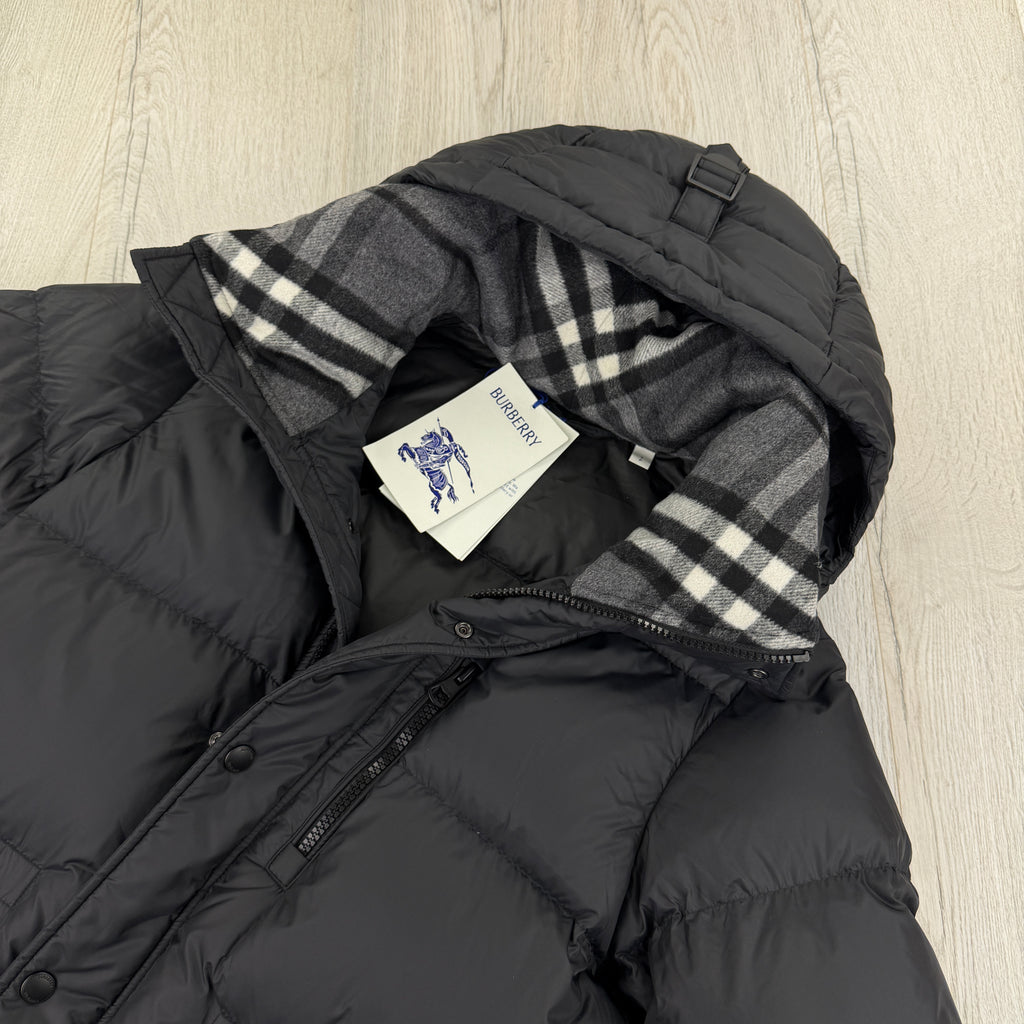 Burberry Men’s Haworth Hooded Check Black Down Jacket - Small (Fit Medium)