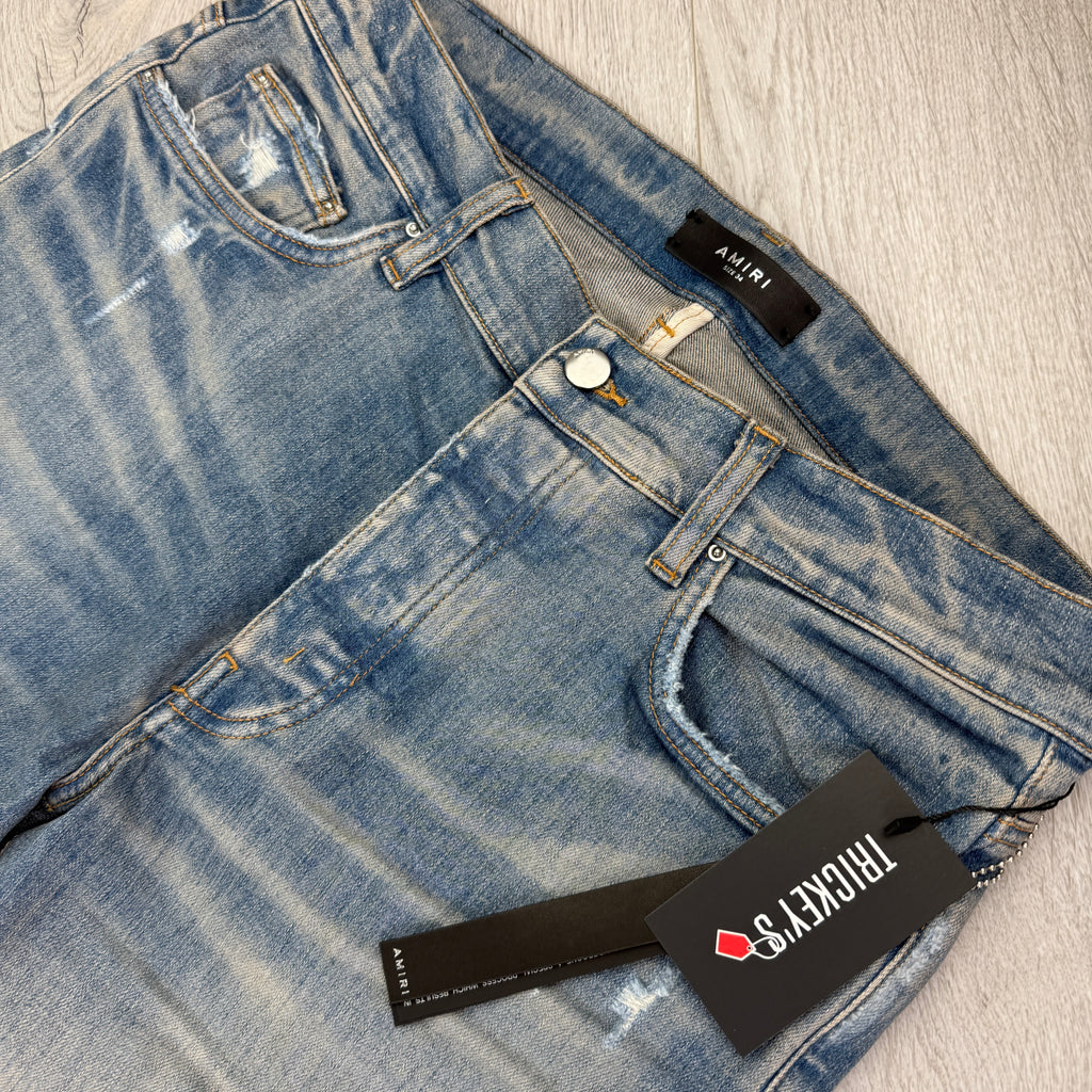 Amiri Men’s MX1 Distressed Camo Applique Logo Jeans