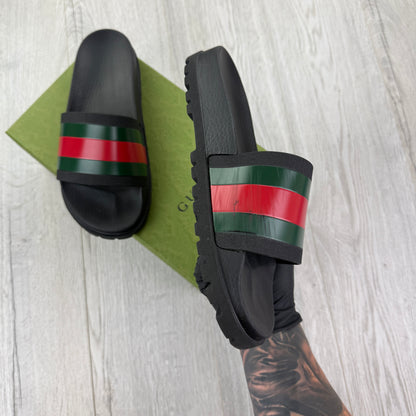 Gucci Men’s Black Sandal With Web Sliders - Uk 11