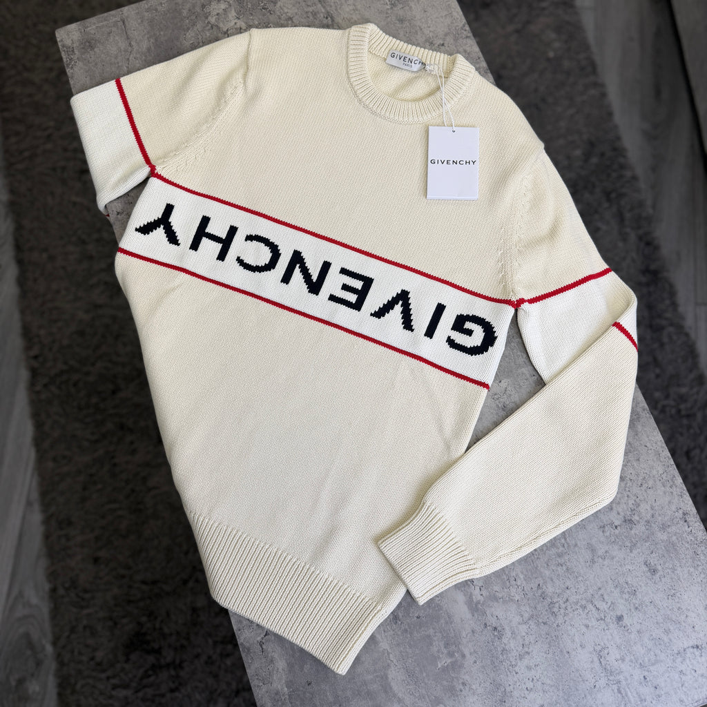 Givenchy Men’s Beige Stripe Logo Knitted Crewneck Jumper