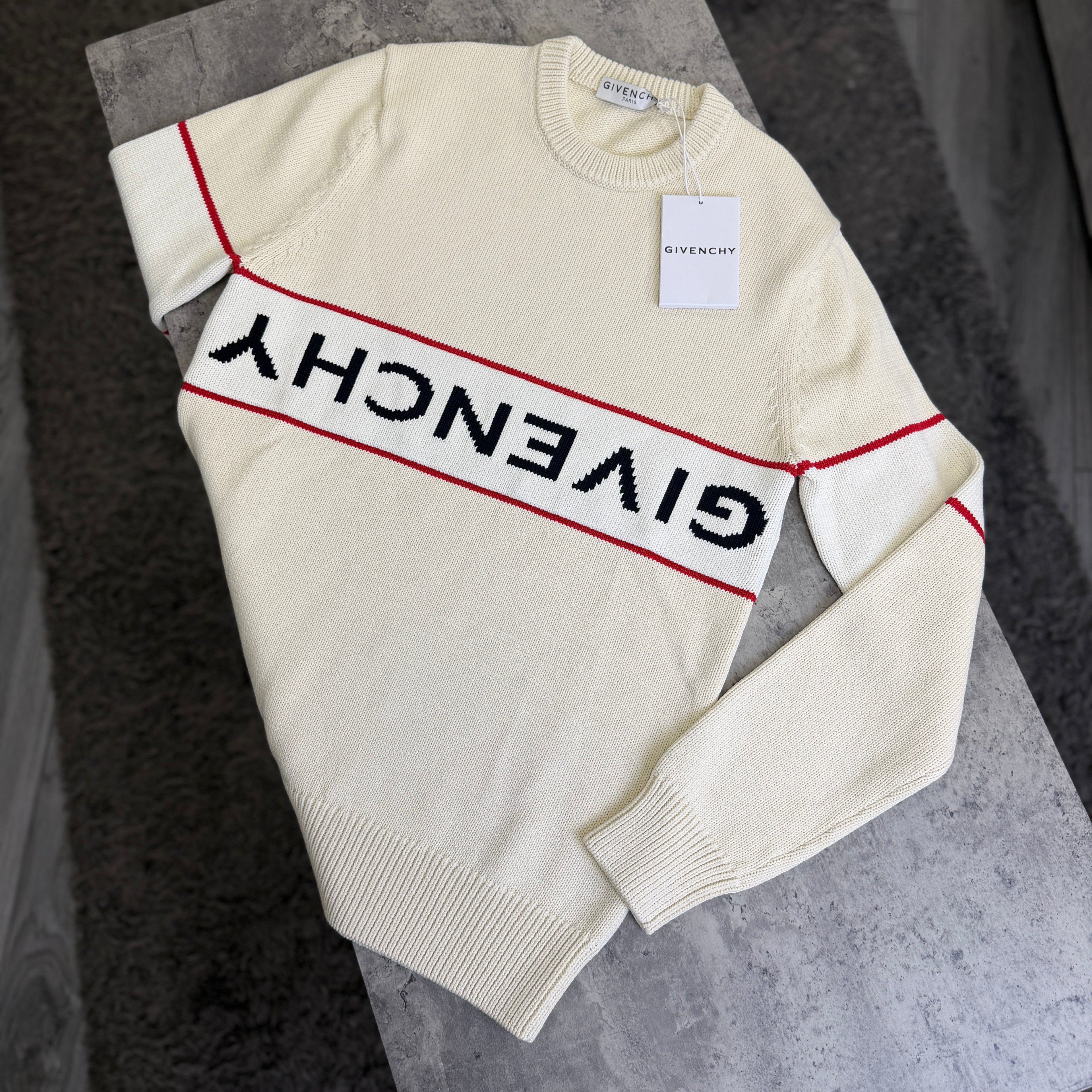 Givenchy Men’s Beige Stripe Logo Knitted Crewneck Jumper