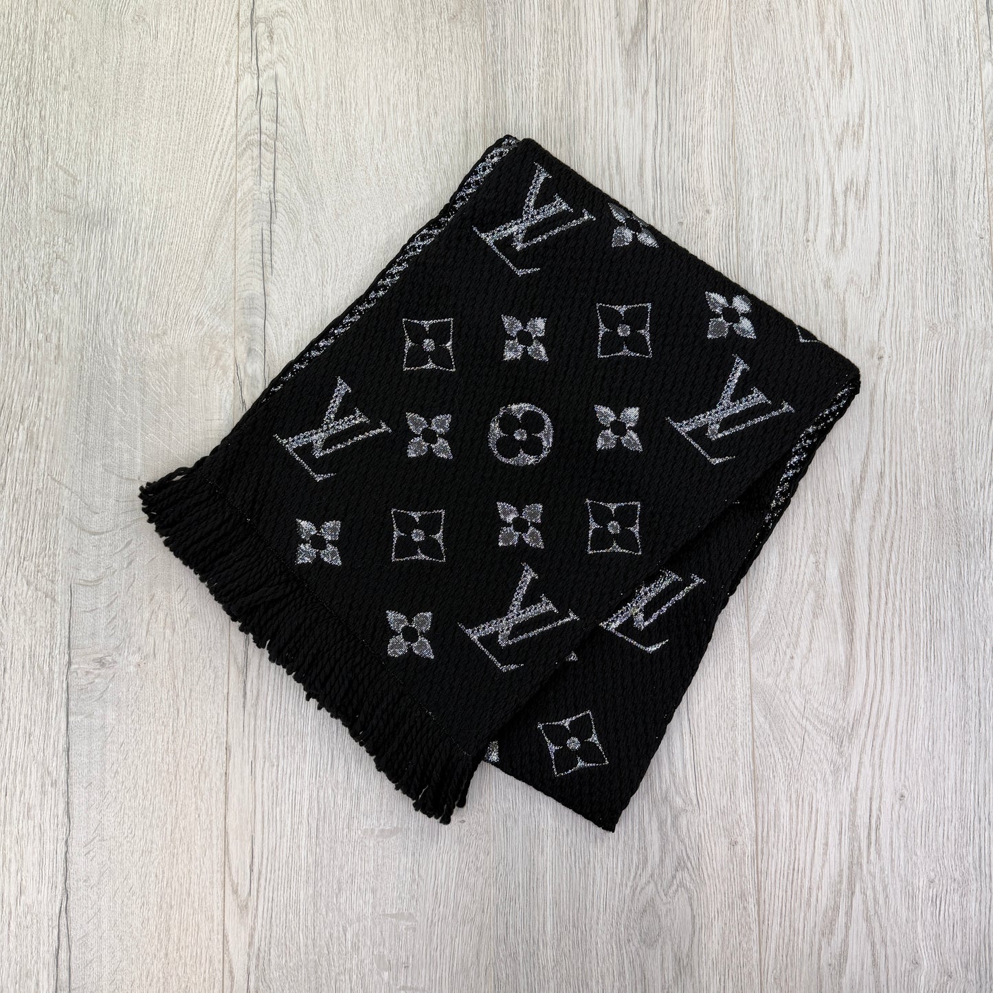 Louis Vuitton Black / Silver Wool & Silk Monogram Scarf