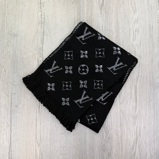 Louis Vuitton Black / Silver Wool & Silk Monogram Scarf