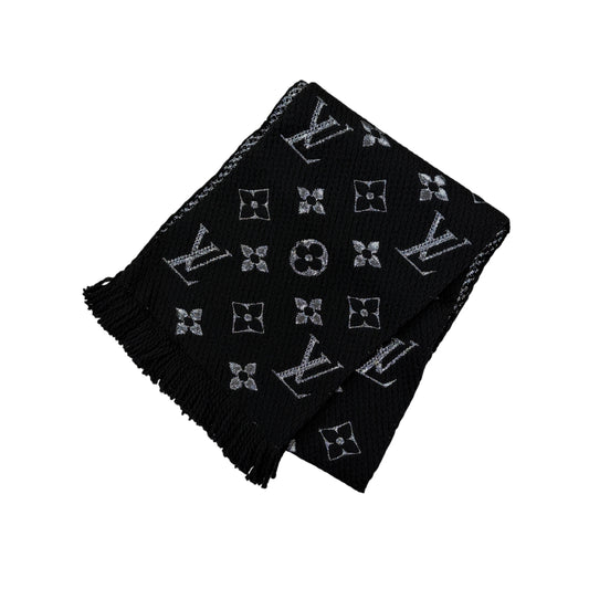 Louis Vuitton Black / Silver Wool & Silk Monogram Scarf