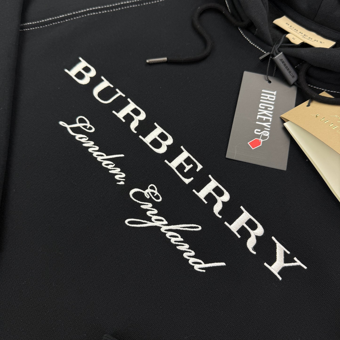 Burberry Men’s Black Pullover Hoodie London England Embroidered Logo - Medium