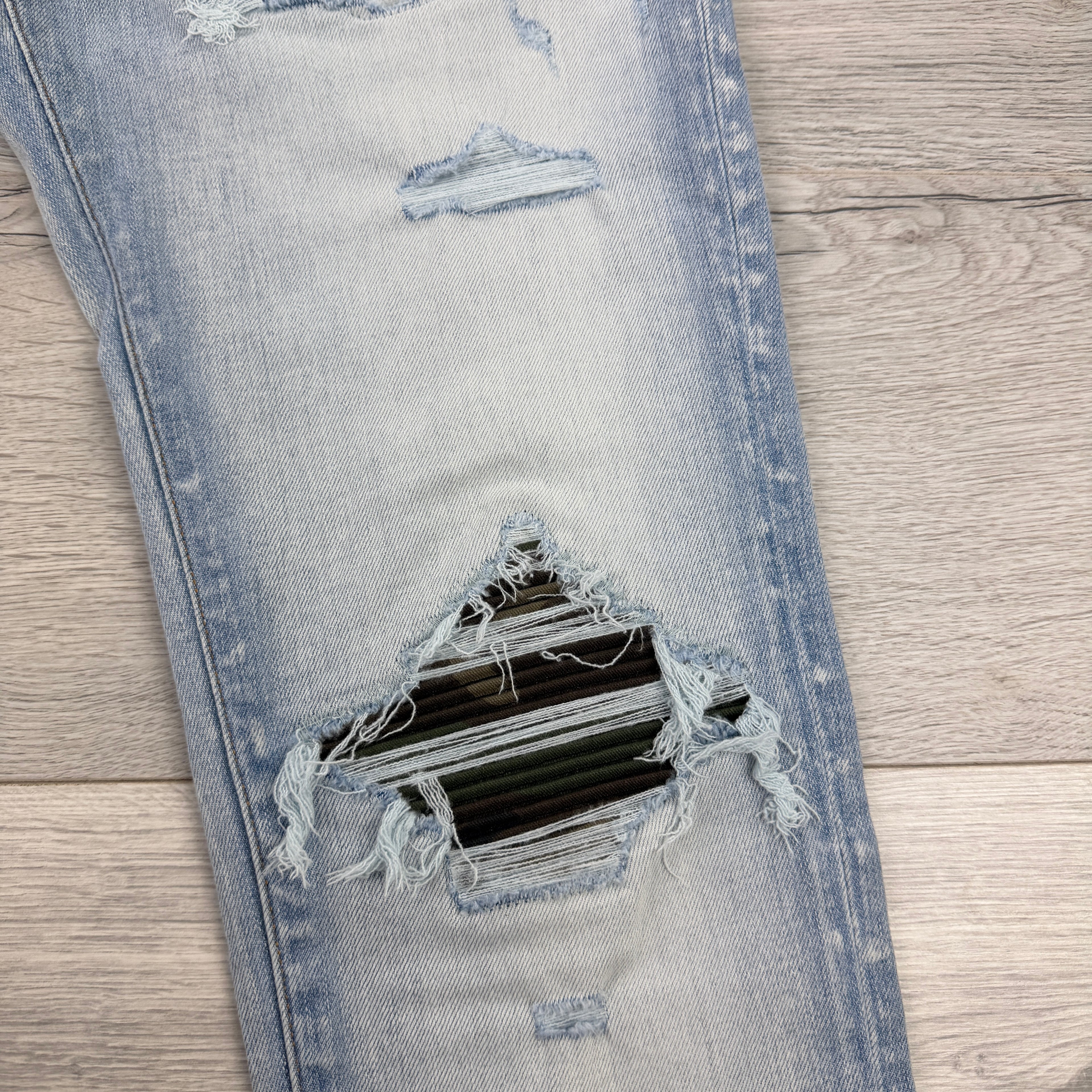Amiri MX1 Distressed Blue Jeans Camo Patch - Uk 32