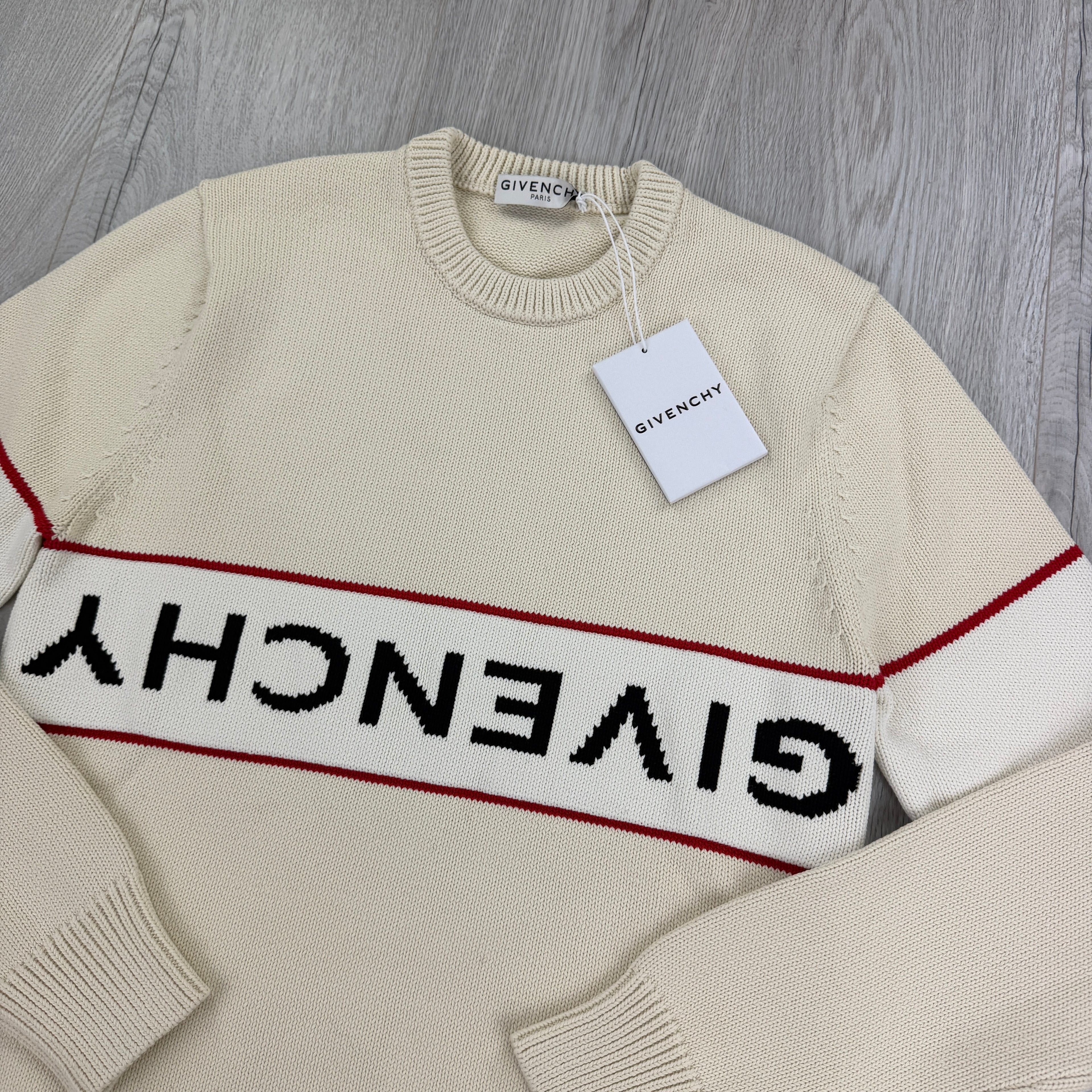 Givenchy Men’s Beige Stripe Logo Knitted Crewneck Jumper