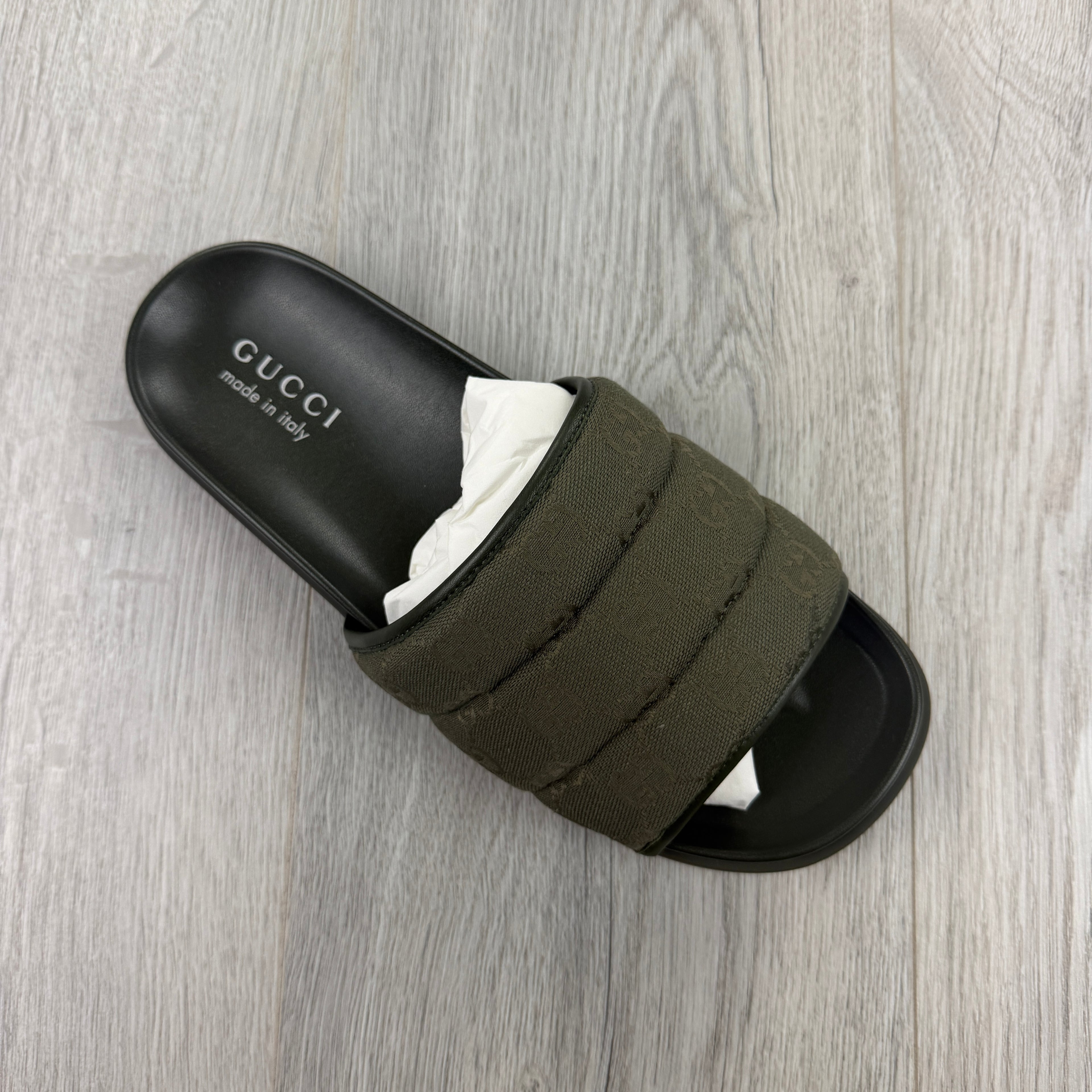 Gucci Men’s Olive Green GG Monogram Canvas Sliders