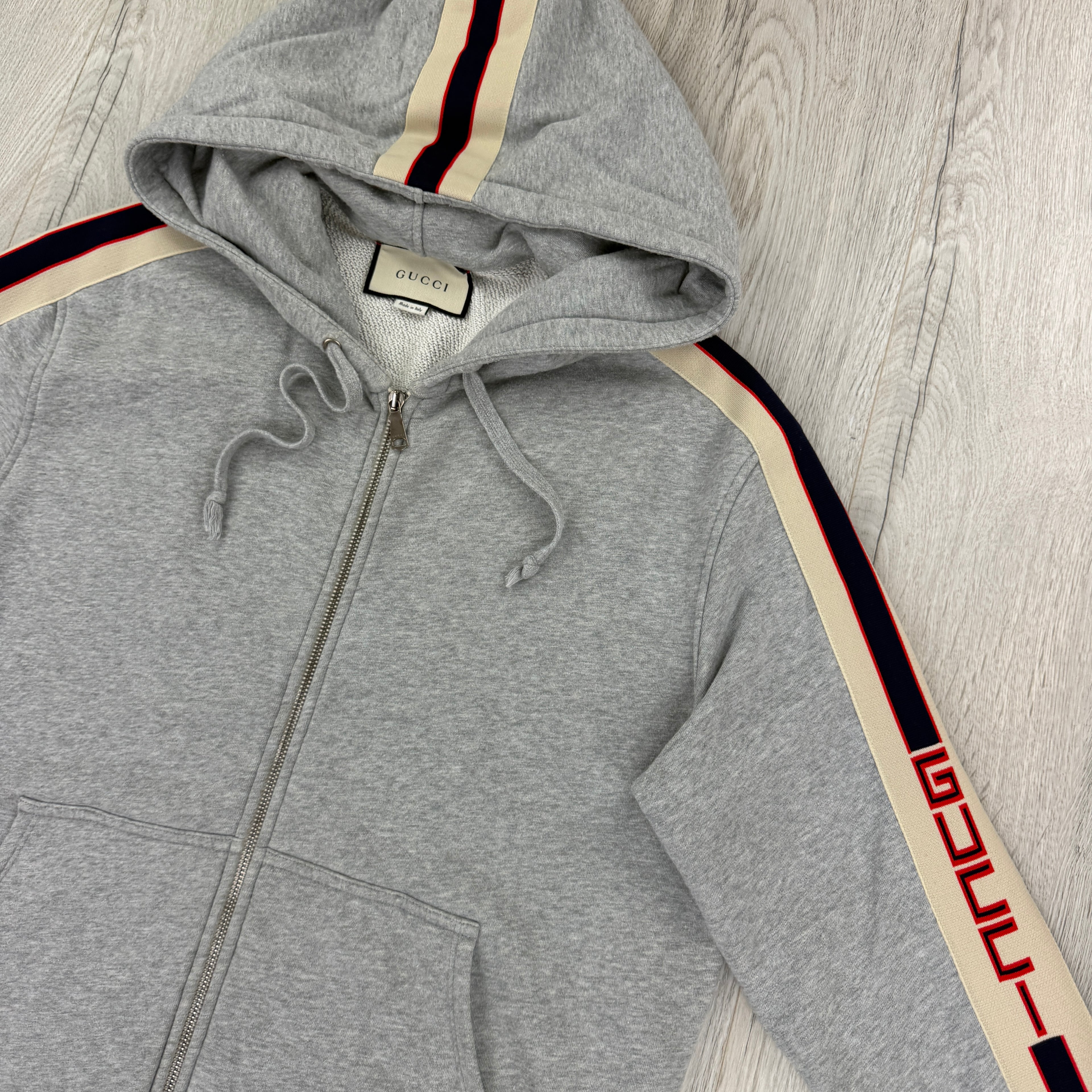 Gucci Men’s Grey Pullover Stripe Logo Sleeve Hoodie - Large