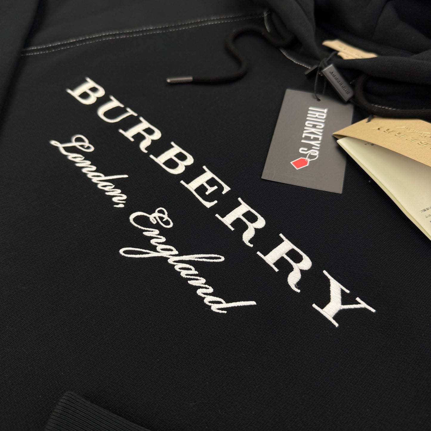 Burberry Men’s Black Pullover Hoodie London England Embroidered Logo - Medium