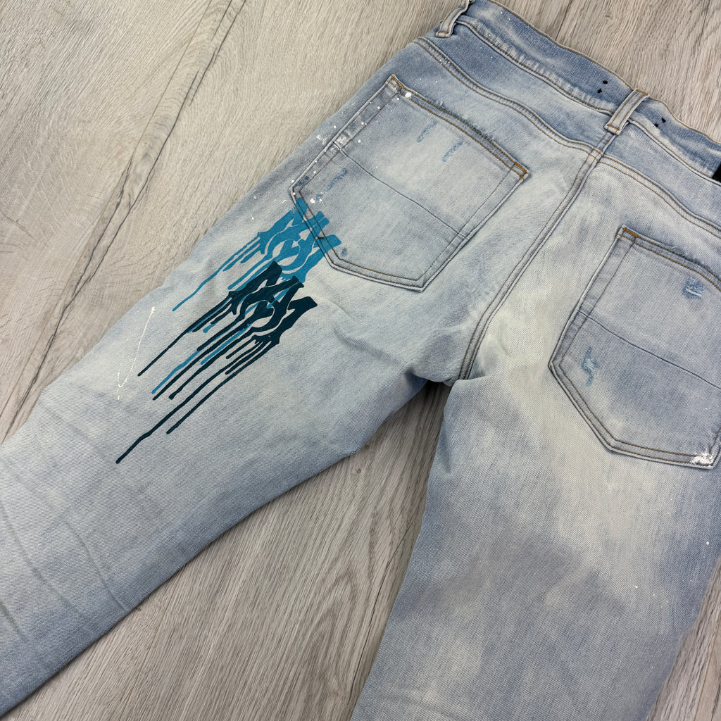 Amiri Men’s MX1 MA Logo Drip Blue Distressed Jeans