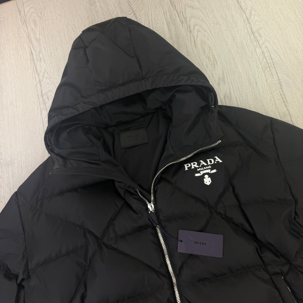Prada Men’s Black Re-Nylon Triangle Padded Long Down Jacket White Logo - 50 (Fit XL)