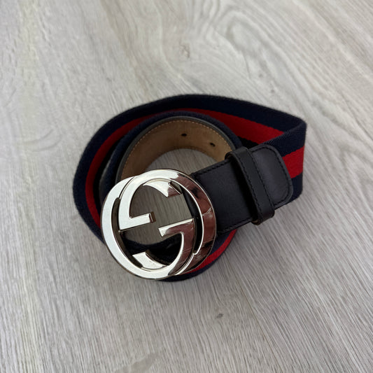 Gucci Web Interlock GG Silver Buckle Belt - 85 (Fit Uk 28-32)