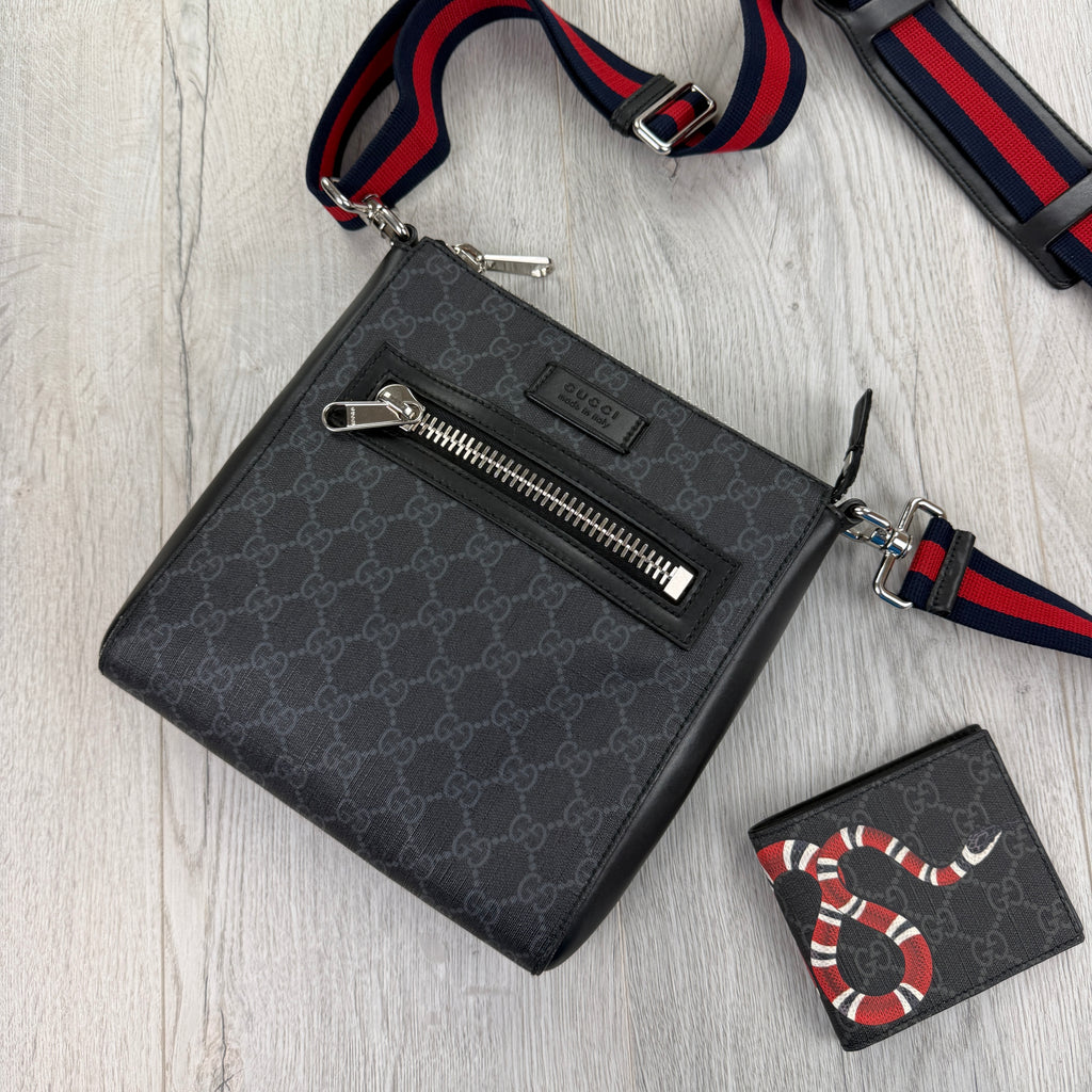 Gucci Messenger Men’s GG Black Small Side Bag & Snake Wallet