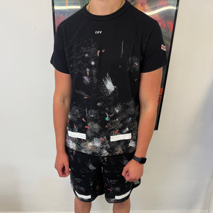 Off White Men’s Black Distressed / Paint Splatter T-shirt & Shorts Set - L/XL