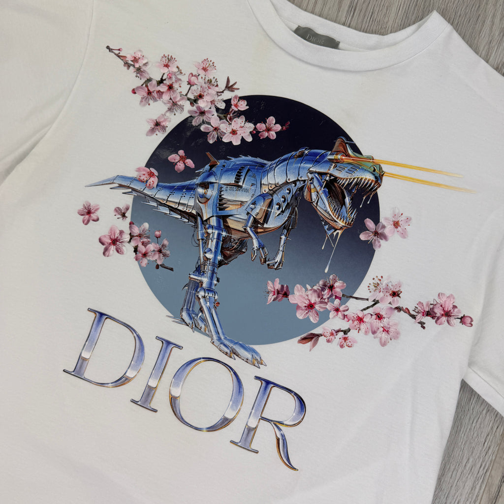 Dior X Sorayama Men’s White Dinosaur Printed T-shirt - Small