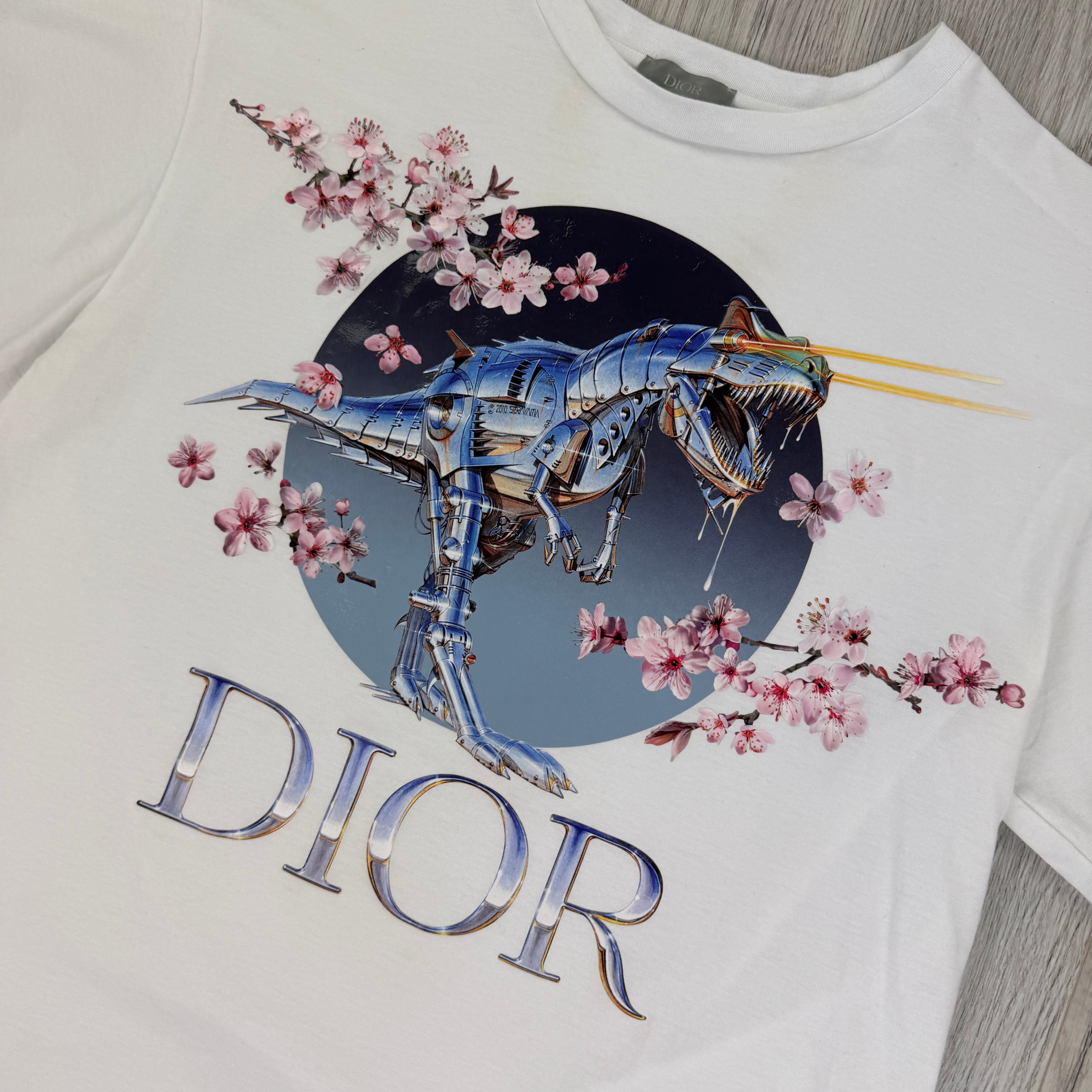 Dior X Sorayama Men’s White Dinosaur Printed T-shirt - Small