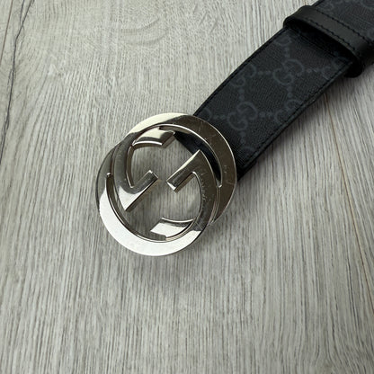 Gucci Men’s GG Supreme Black Belt With Silver Buckle - 90