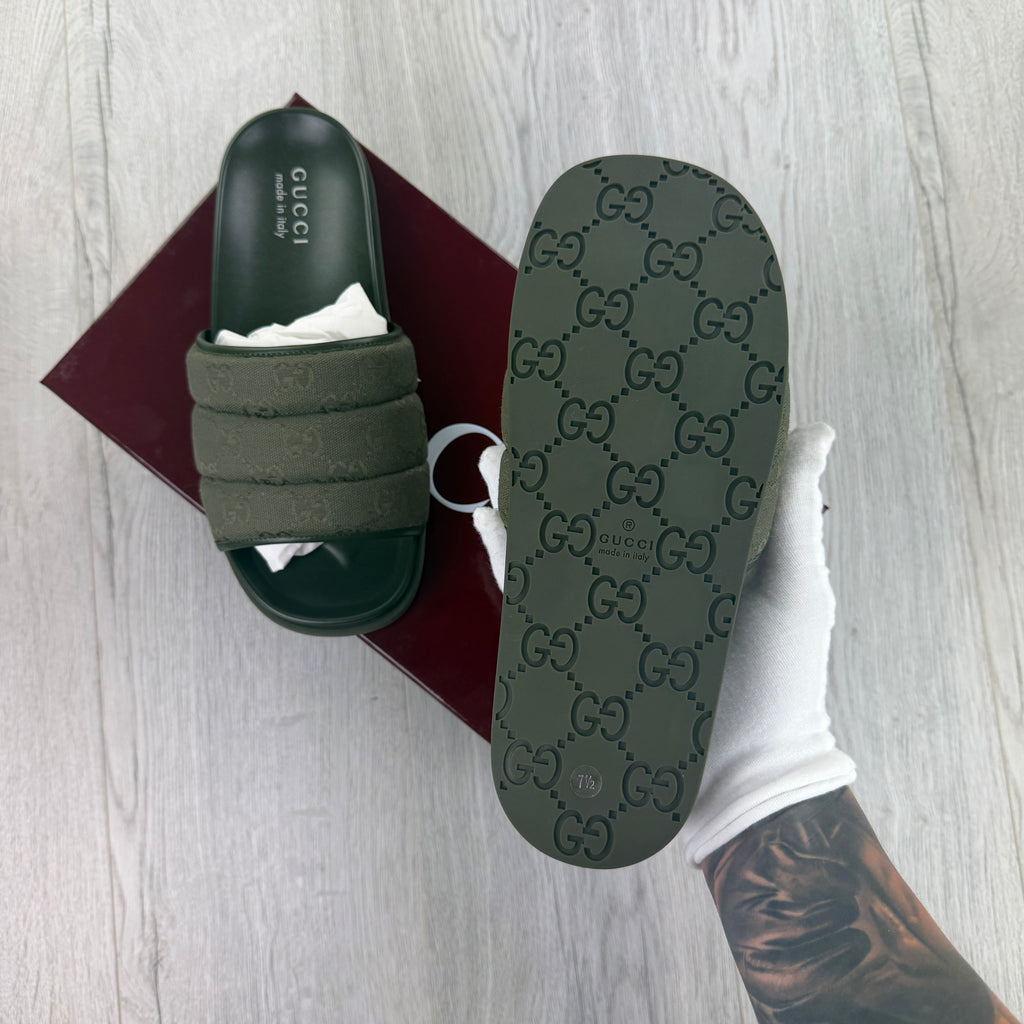Gucci Men’s Olive Green GG Monogram Canvas Sliders