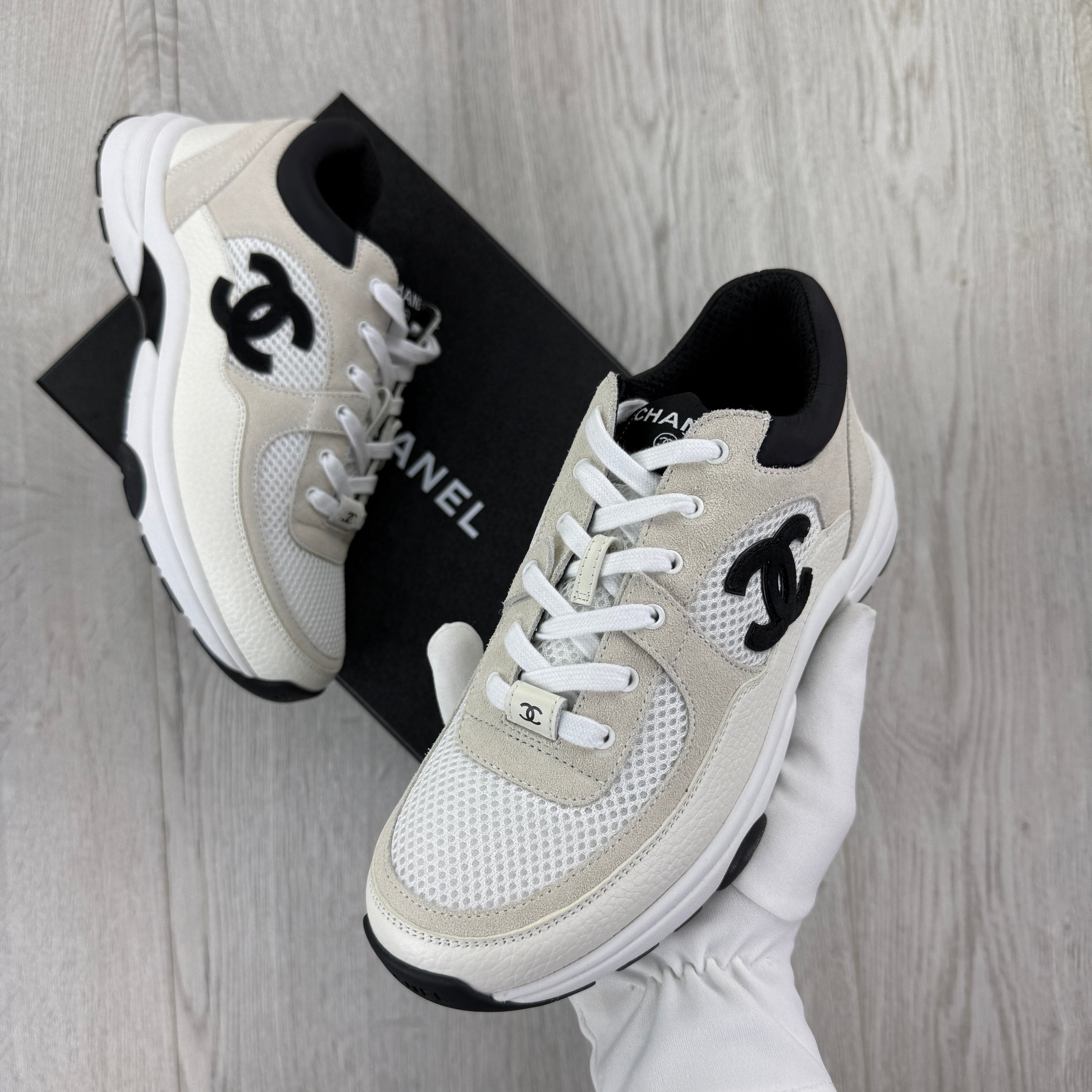 Chanel Women’s Low Top Beige / Black Suede Trainers