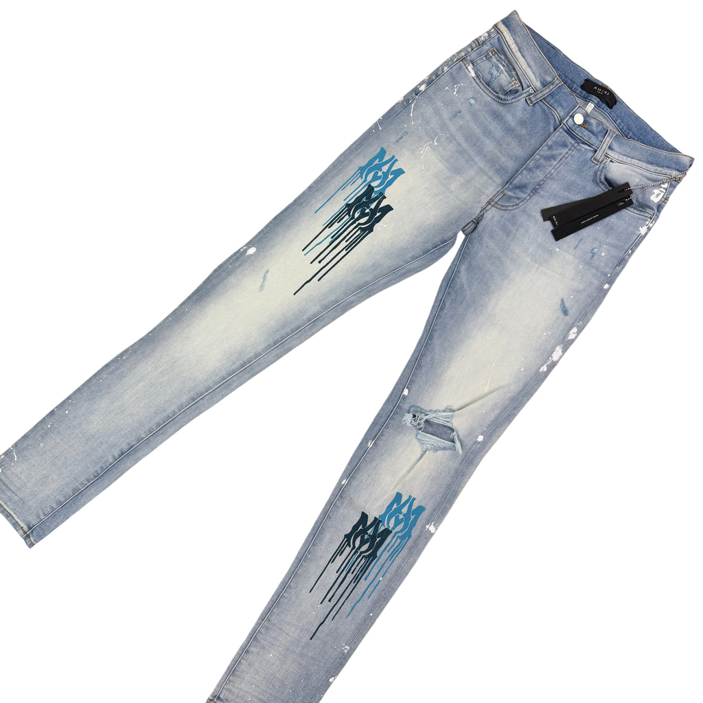 Amiri Men’s MX1 MA Logo Drip Blue Distressed Jeans
