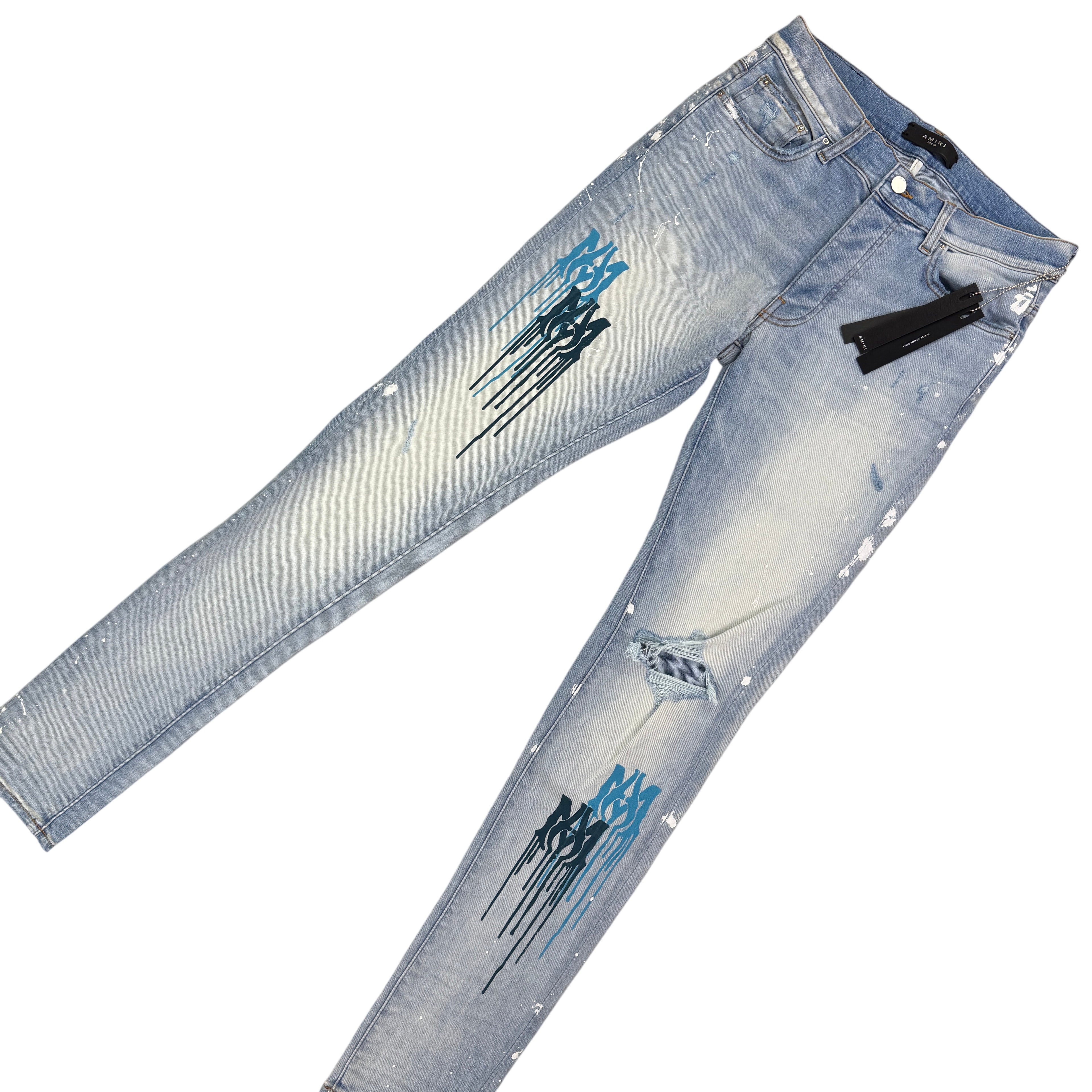 Amiri Men’s MX1 MA Logo Drip Blue Distressed Jeans