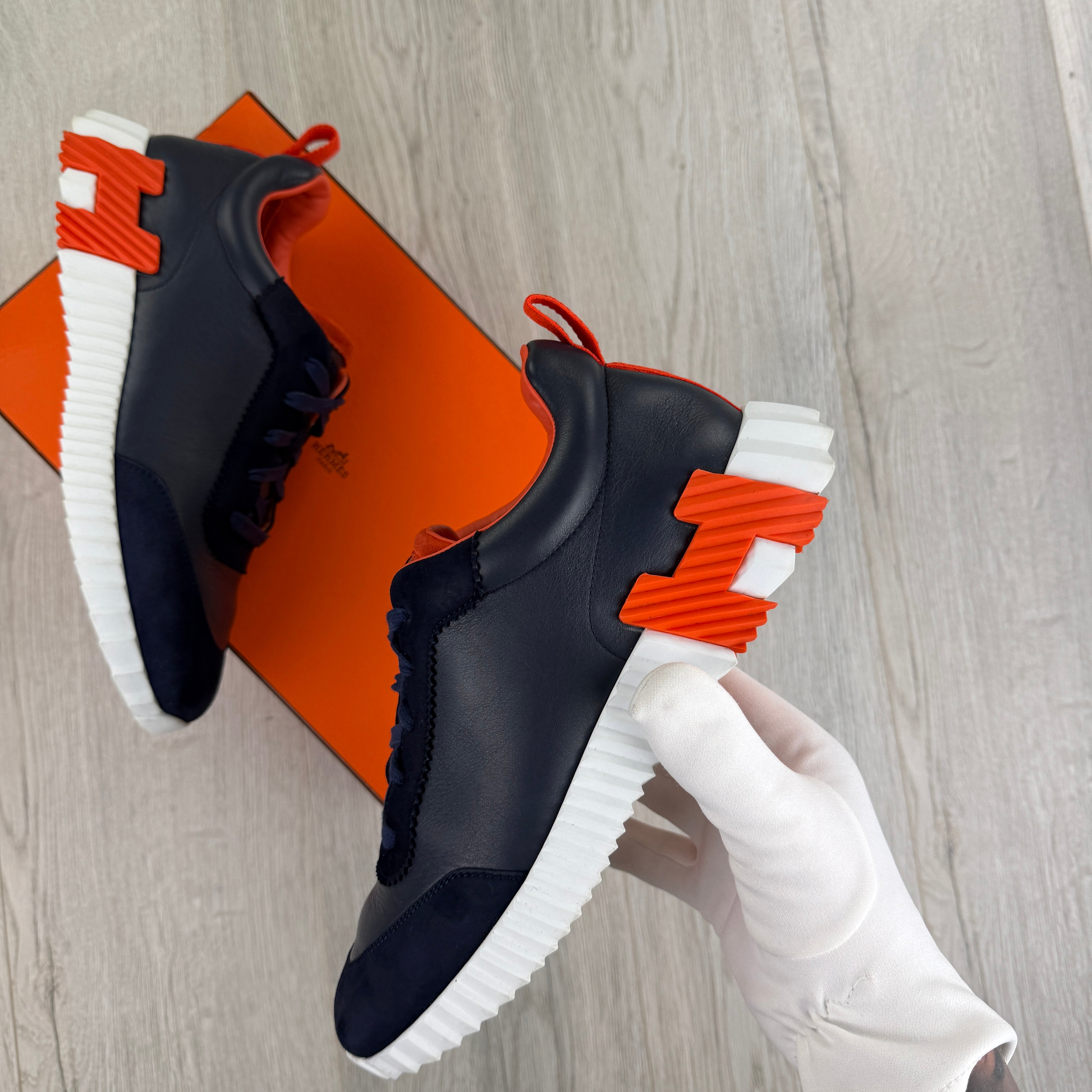 Hermes Men’s Navy & Orange Bouncing Sneakers - 42.5 (Fit Uk 8.5)