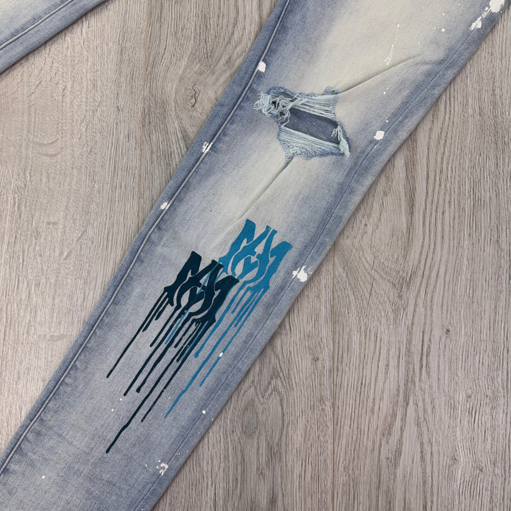 Amiri Men’s MX1 MA Logo Drip Blue Distressed Jeans