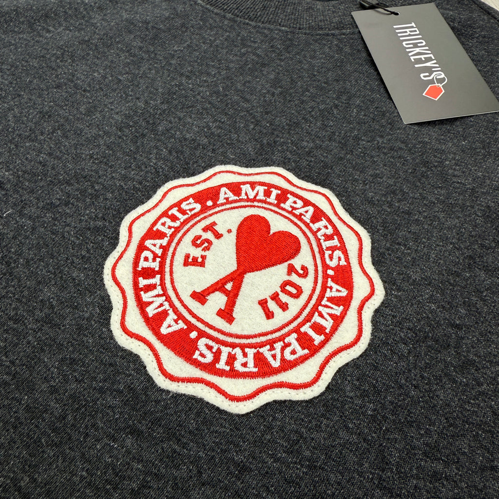 Ami Paris Men’s Dark Grey Crewneck Jumper - Medium