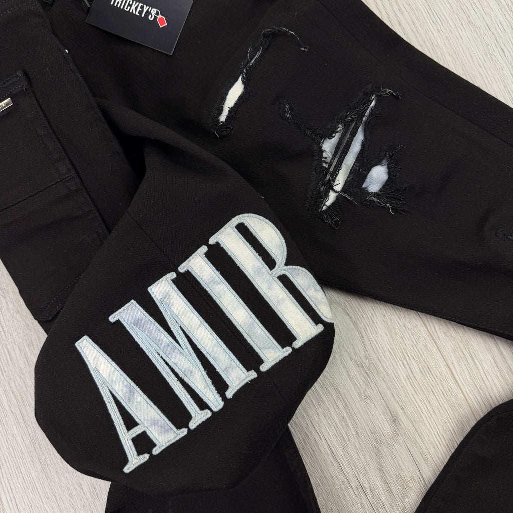 Amiri MX1 Men’s Black Distressed Jeans With Blue Side Logo