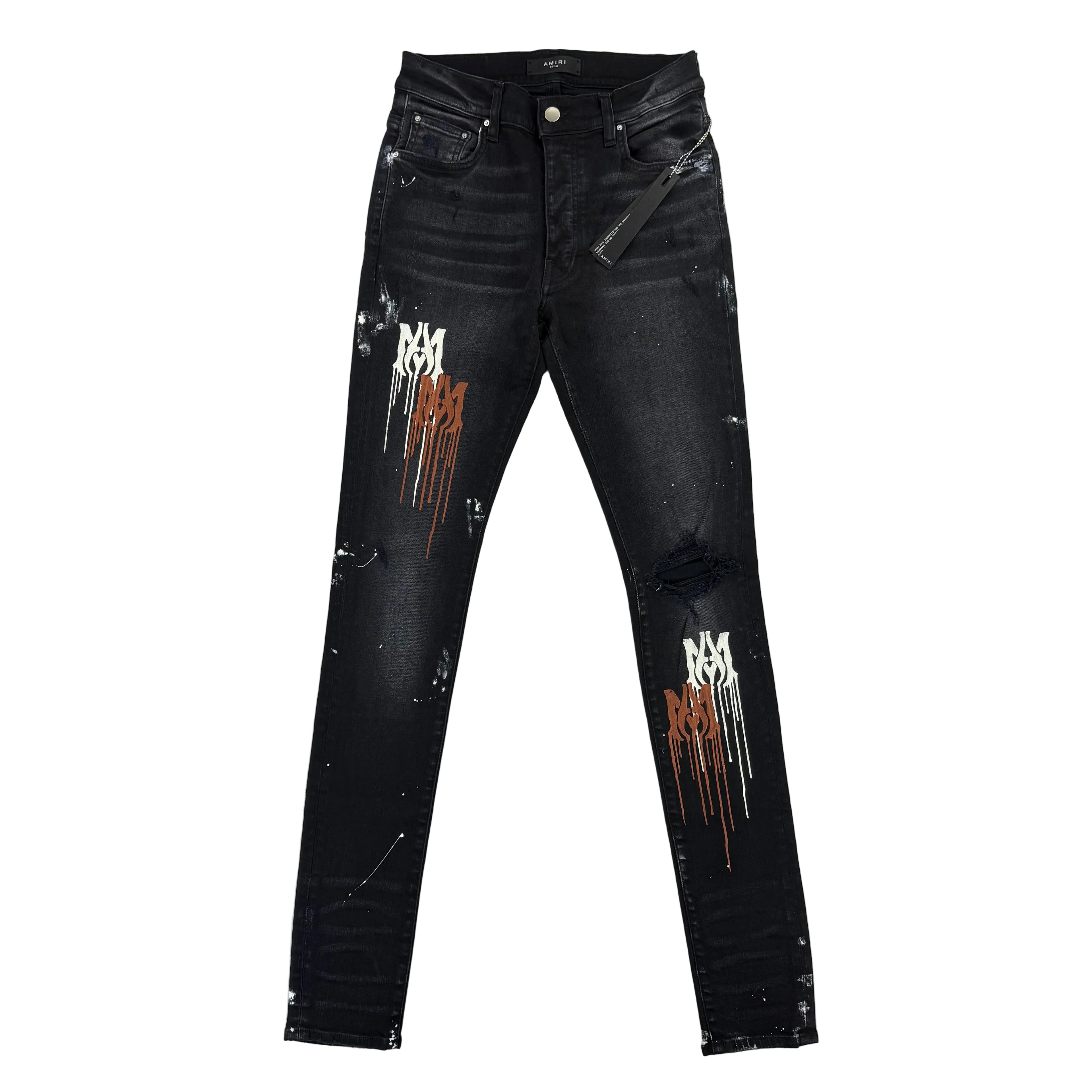 Amiri Men’s MX1 MA Logo Drip Black Distressed Jeans