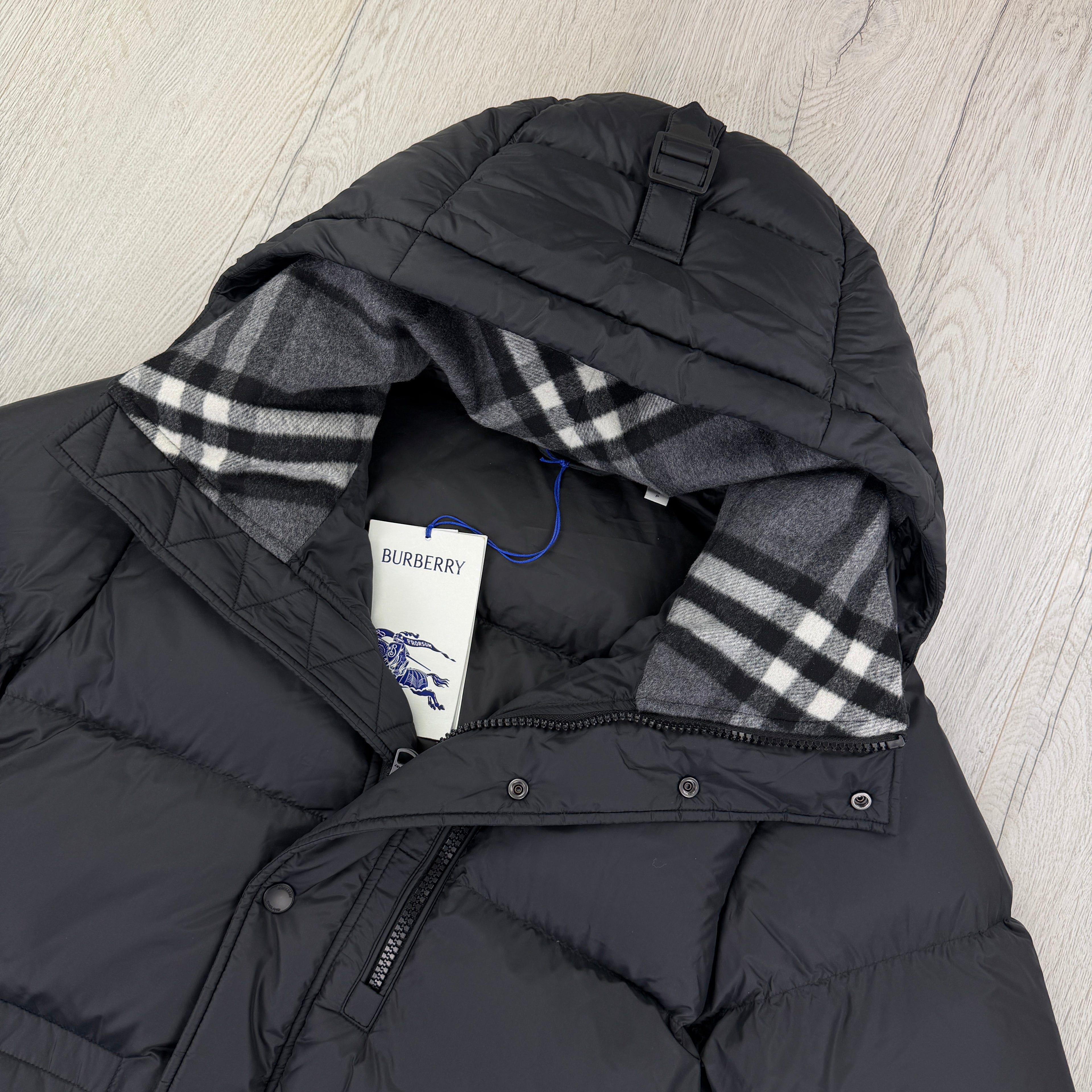 Burberry Men’s Haworth Hooded Check Black Down Jacket - Small (Fit Medium)