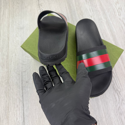 Gucci Men’s Black Sandal With Web Sliders - Uk 11