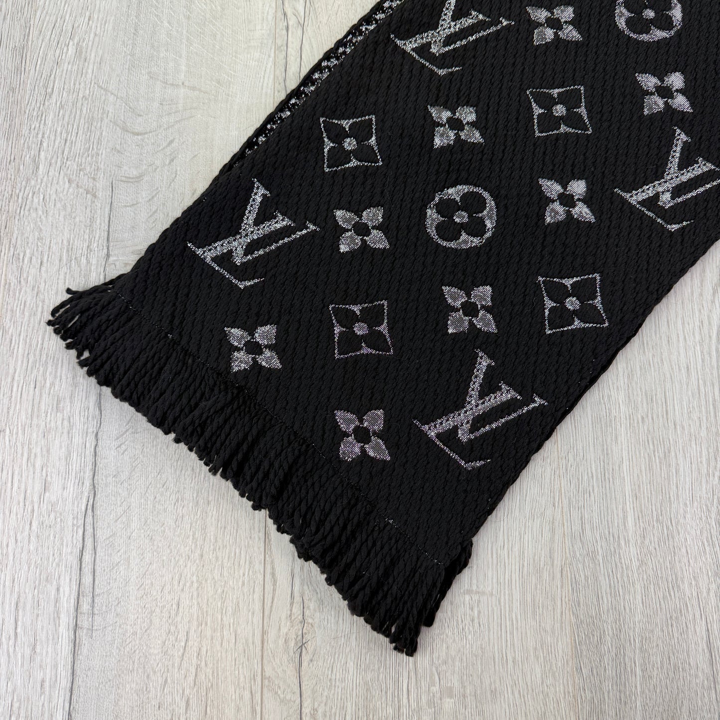 Louis Vuitton Black / Silver Wool & Silk Monogram Scarf