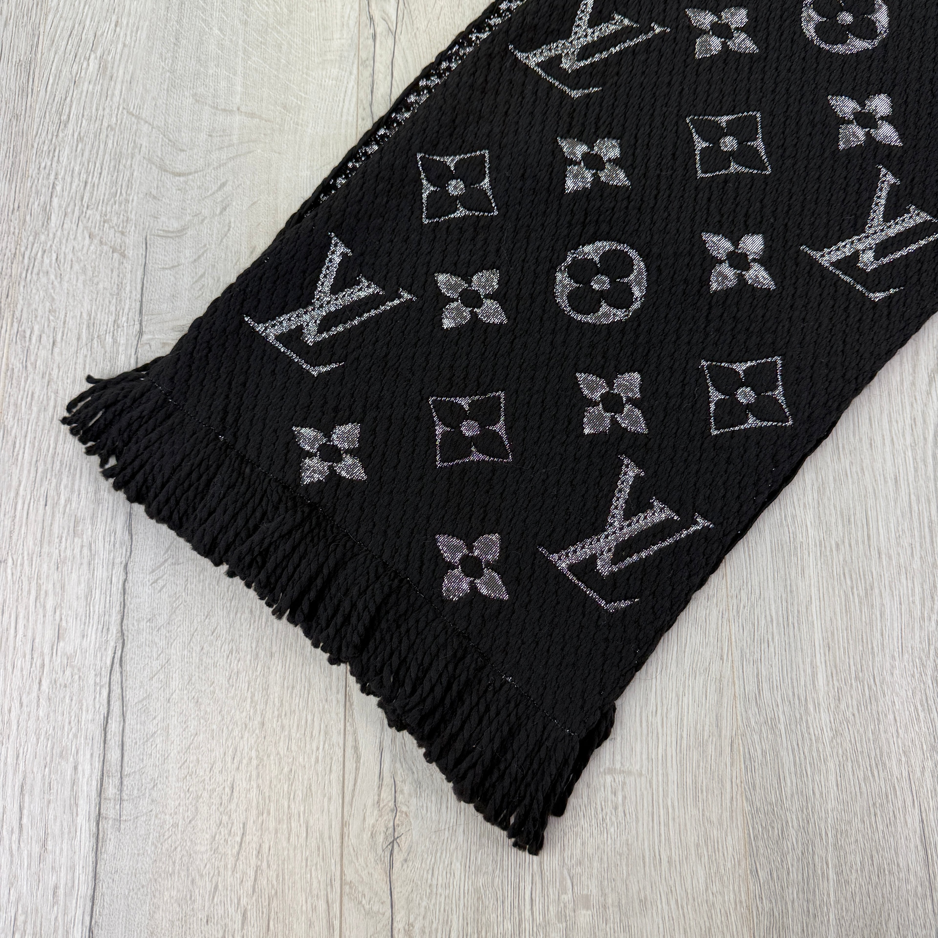 Louis Vuitton Black / Silver Wool & Silk Monogram Scarf